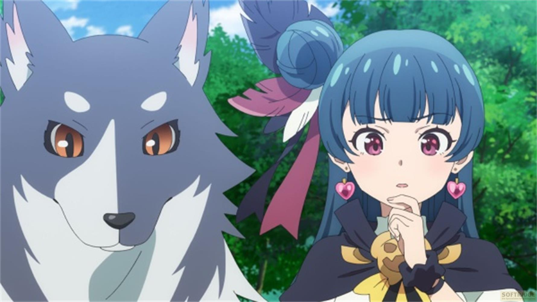 Una ragazza anime con capelli blu e un lupo grigio con occhi arancioni.