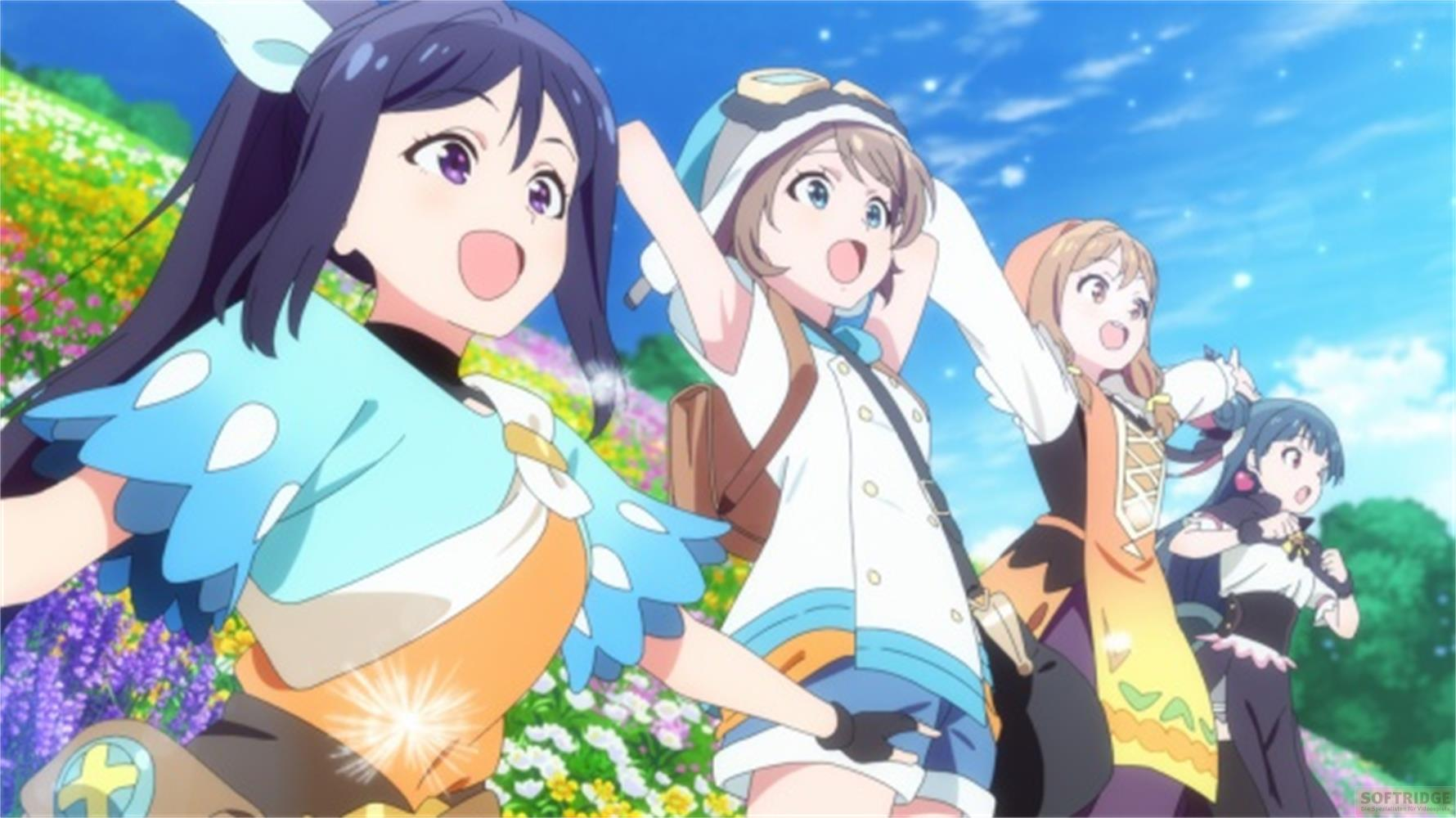 Quattro ragazze anime corrono in un prato fiorito sotto un cielo azzurro.