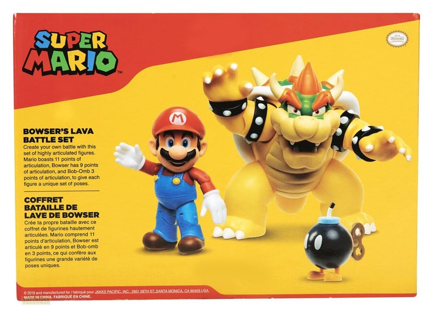 Figure di Mario, Bowser e Bob-omb di Super Mario su sfondo giallo. Logo Super Mario.