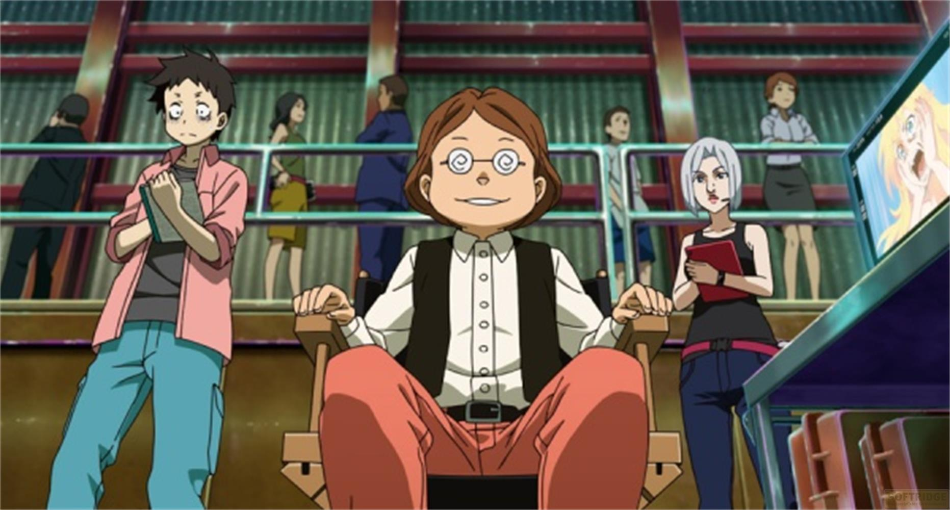 Scena anime con persone in una stanza, una persona seduta al centro.
