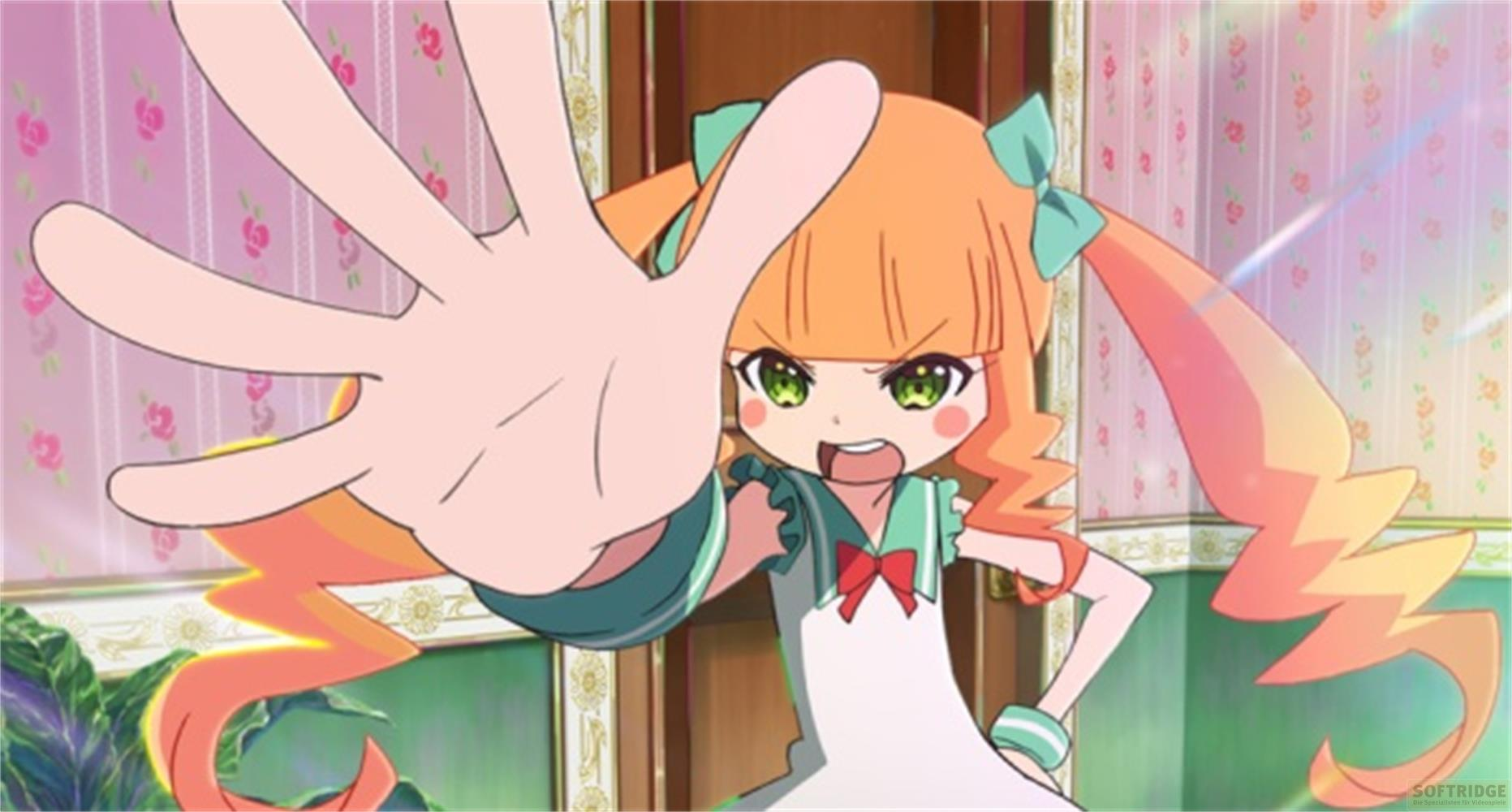Una ragazza anime con capelli arancioni e occhi verdi allunga la mano.