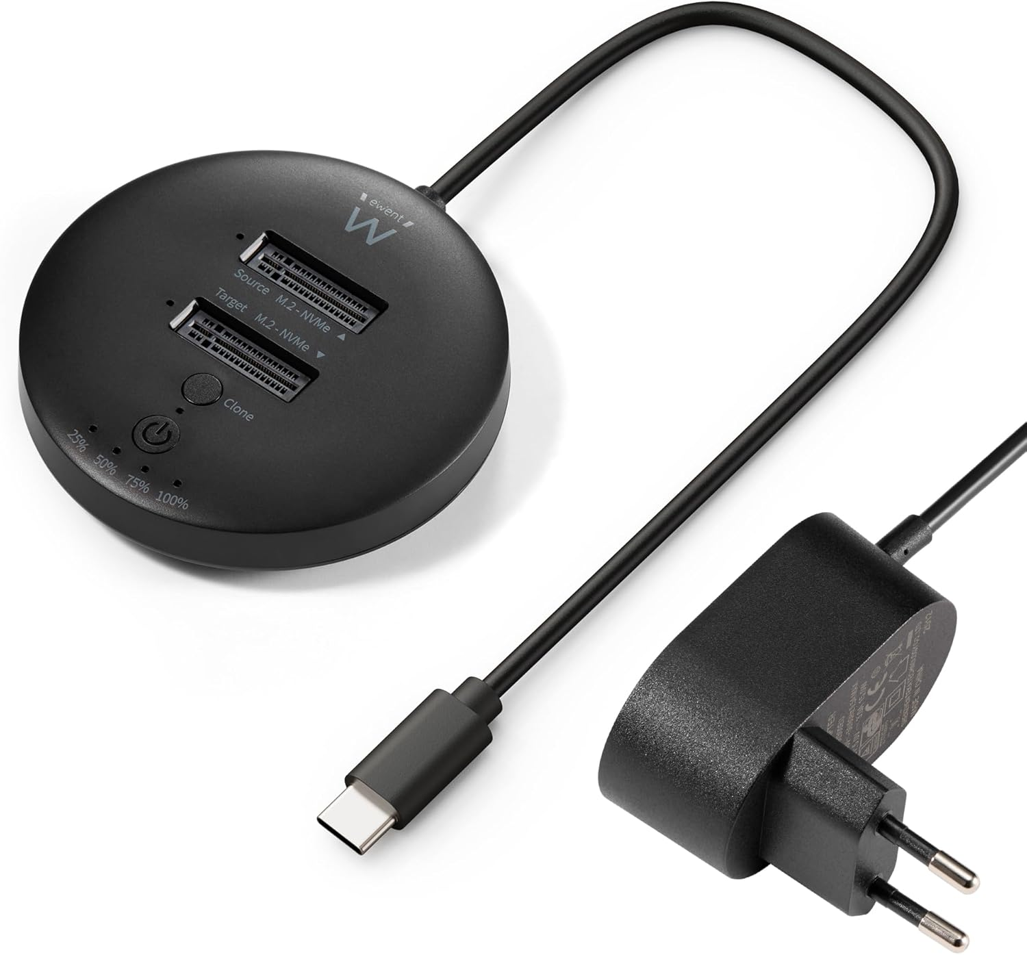 Clonatore M.2 NVMe nero con USB-C e alimentatore su sfondo bianco.