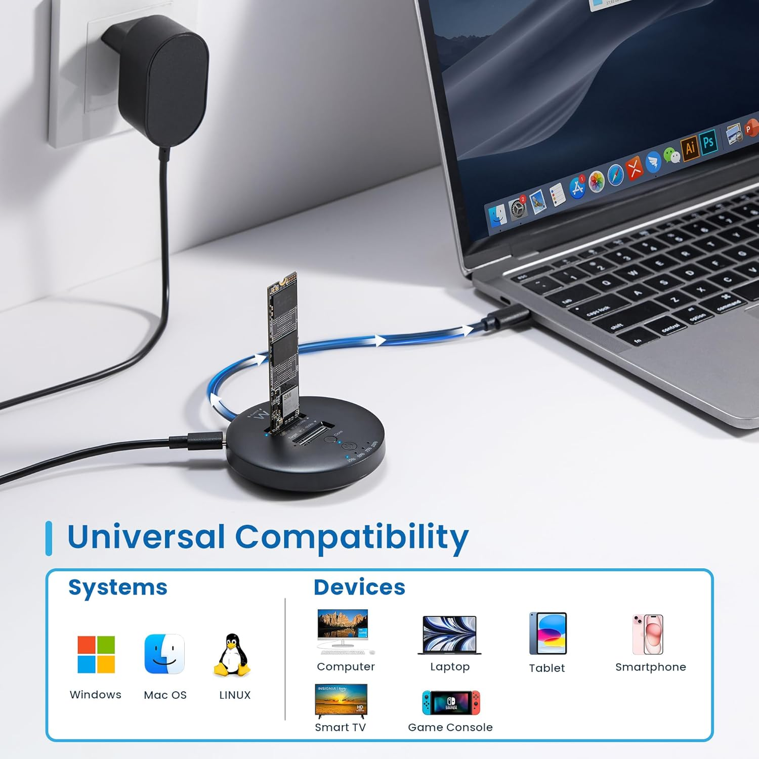 SSD collegato al laptop tramite adattatore, che mostra la compatibilità universale con sistemi e dispositivi.