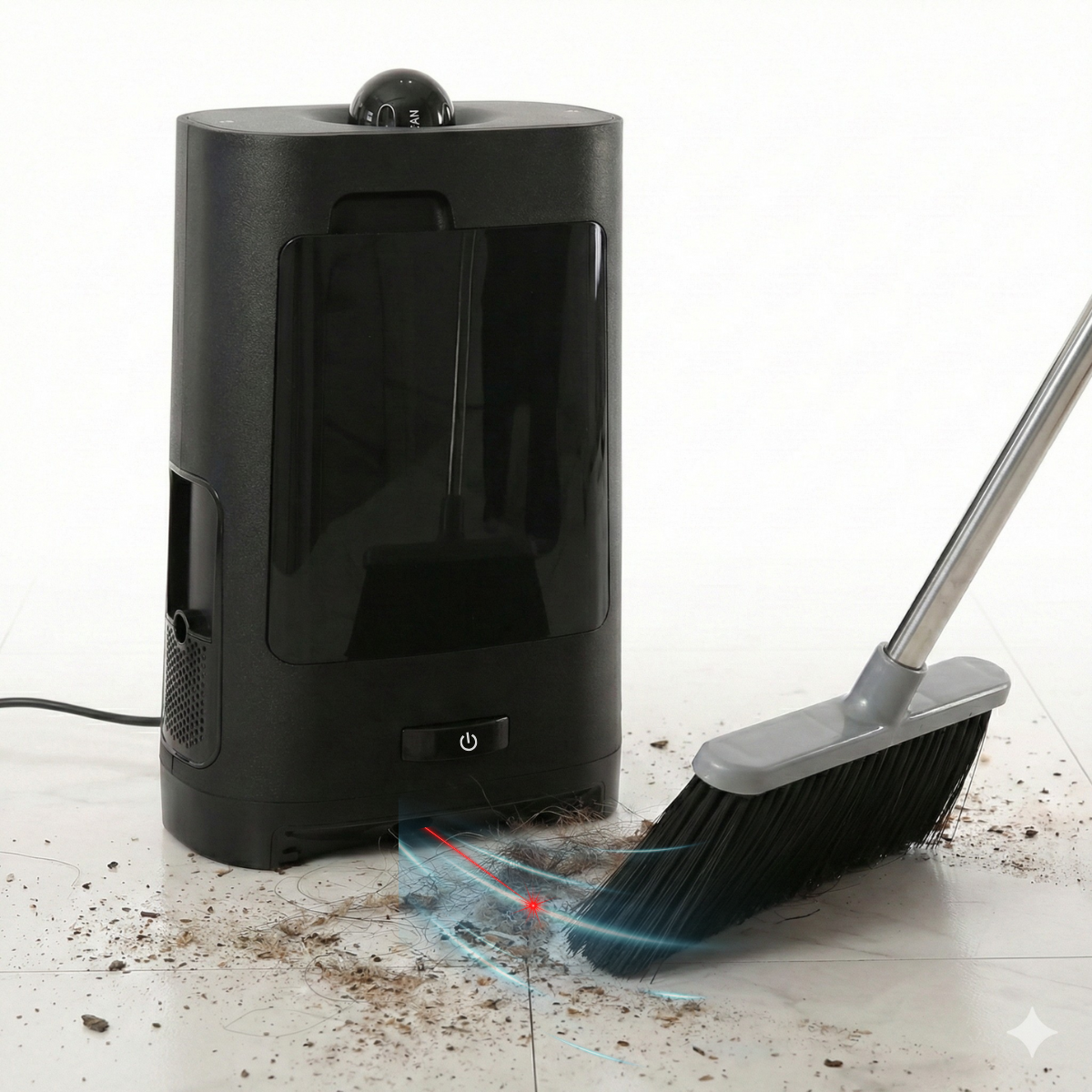 Una escoba automática negra barre suciedad en un suelo embaldosado junto a un cubo.