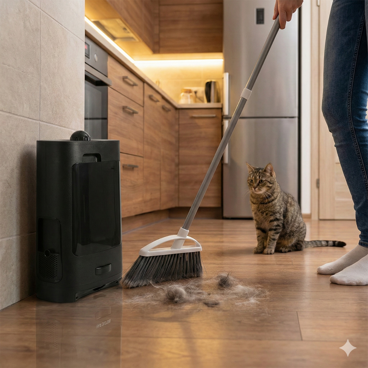 Gato sentado junto a escoba y recogedor en cocina mientras alguien barre.