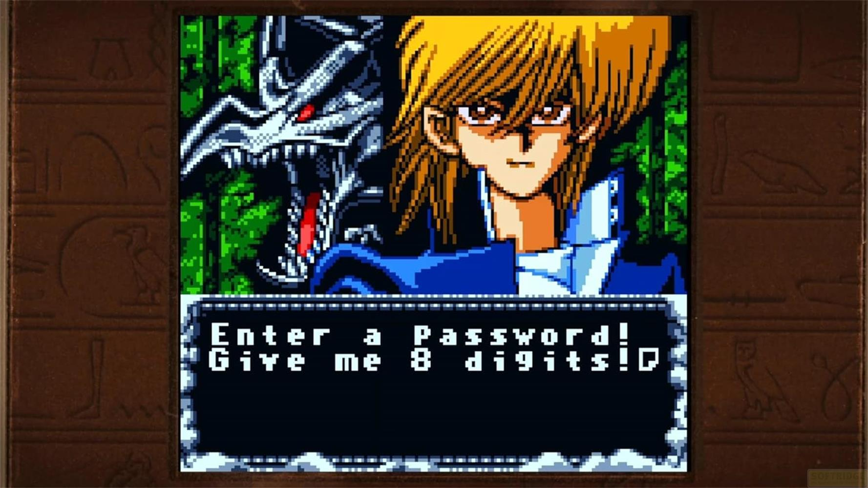 Personaggio anime con capelli biondi accanto a un mostro. Il testo chiede una password.