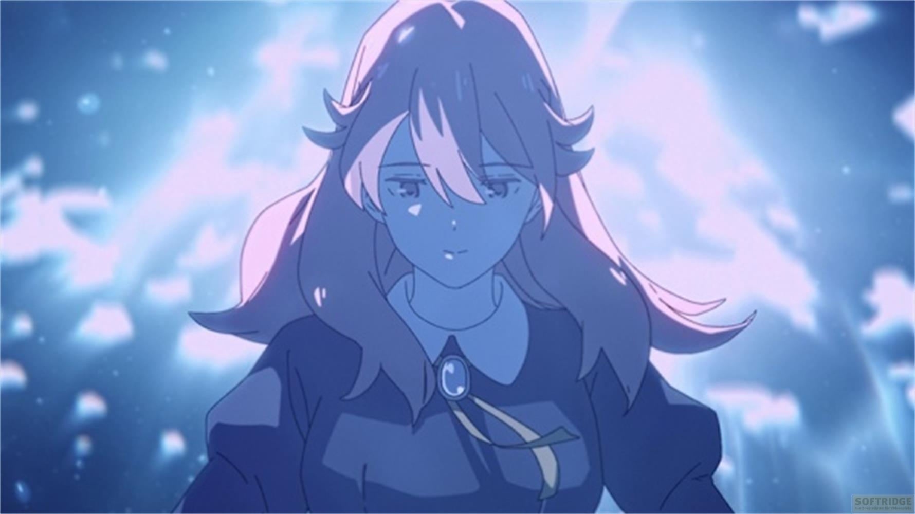 Ragazza anime con capelli lunghi su uno sfondo blu luminoso.
