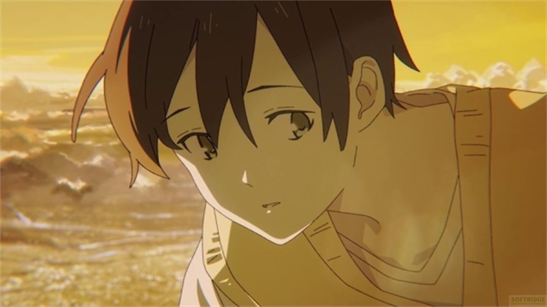 Un ragazzo in stile anime con i capelli castani guarda in basso.