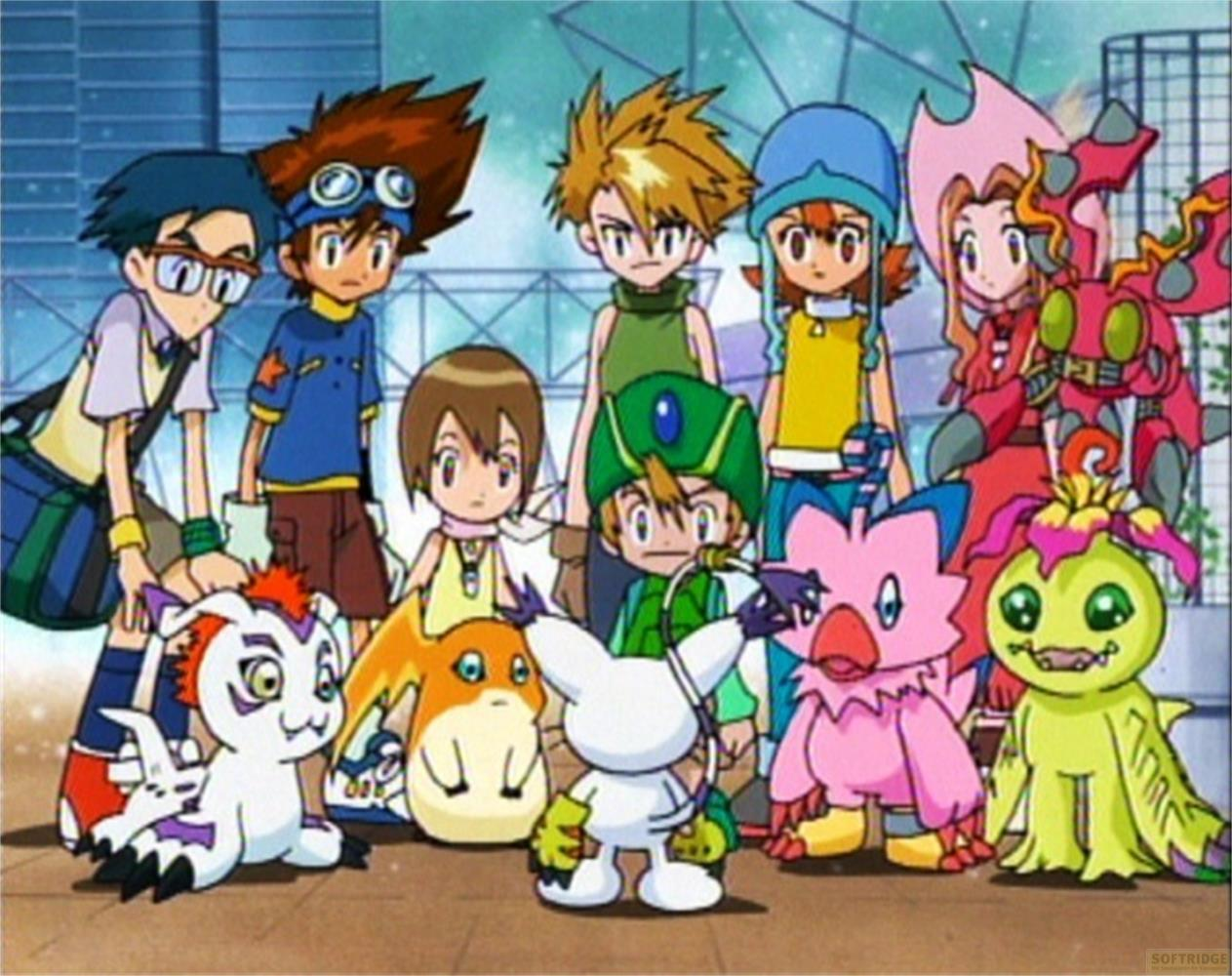 Nove personaggi e Digimon davanti a uno sfondo urbano.