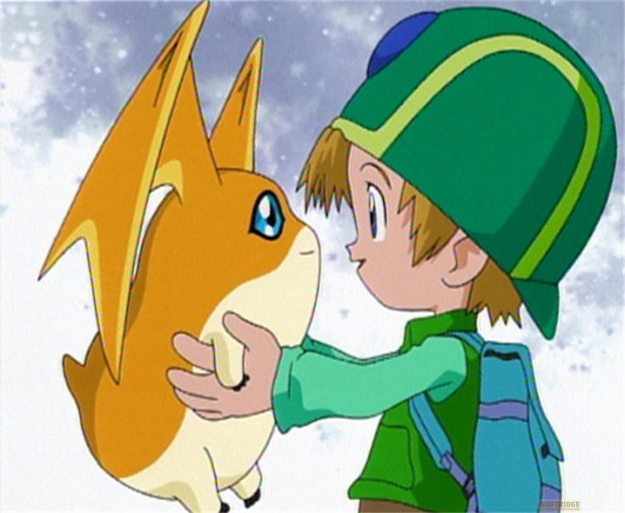 Un ragazzo con cappello verde tiene un Digimon arancione su sfondo innevato.