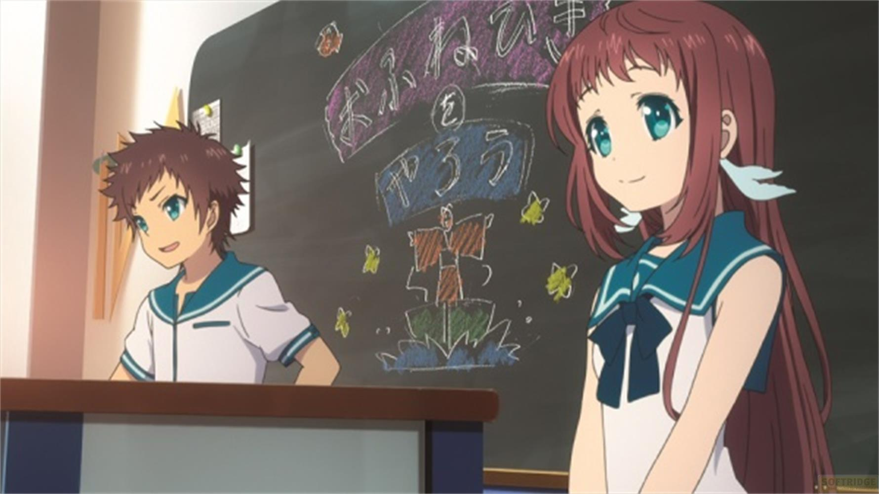 Due studenti anime in divisa da marinaio davanti a una lavagna.