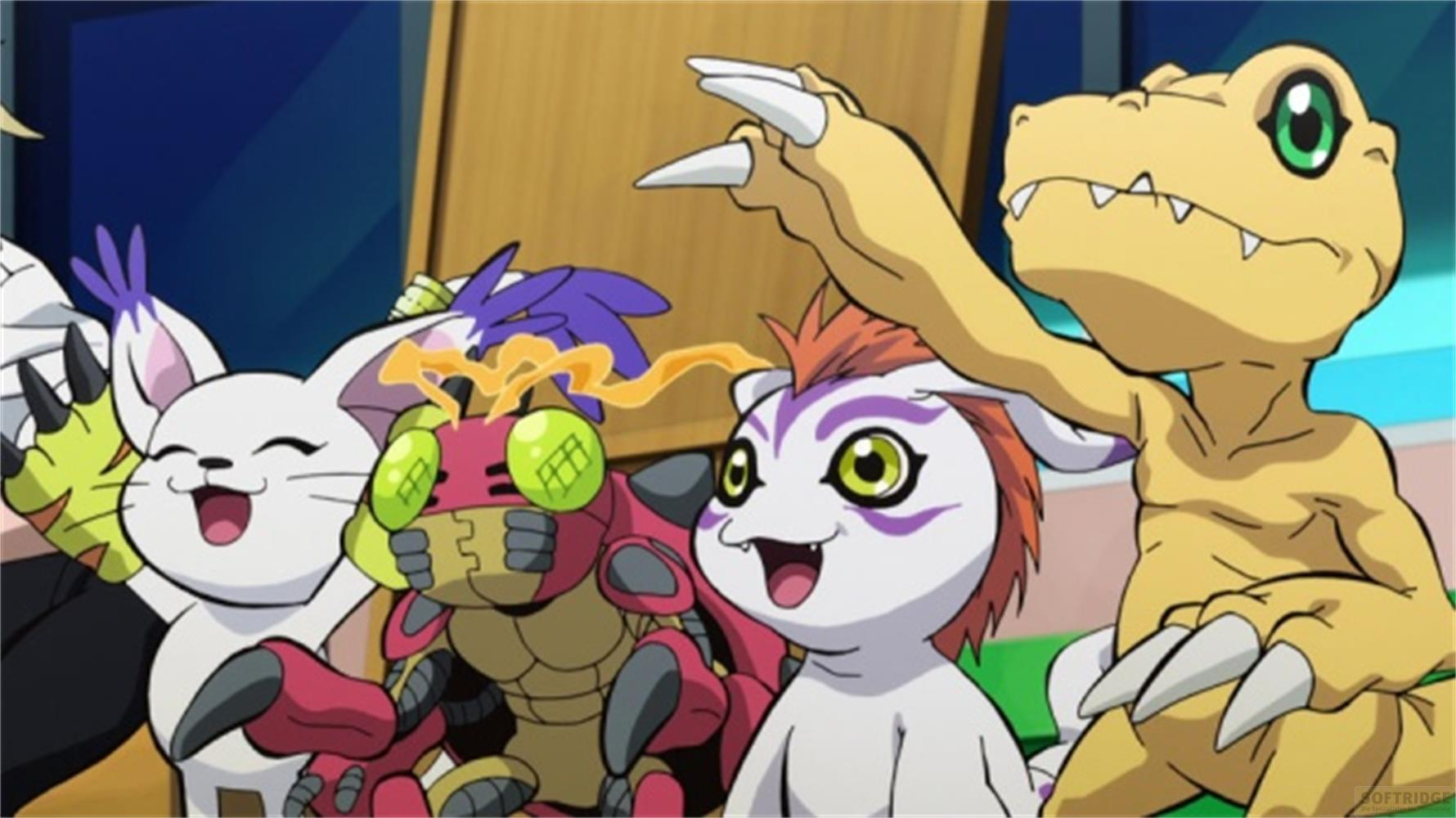 Quattro Digimon stanno fianco a fianco, due davanti, due dietro, con corpi colorati.