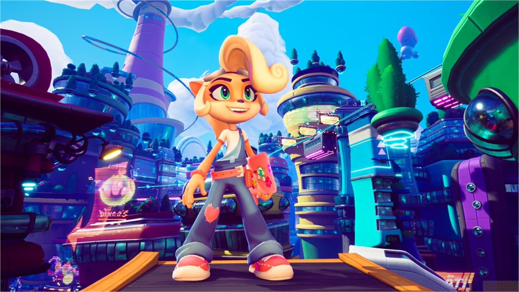 Coco Bandicoot steht vor einer futuristischen Stadt mit hohen Türmen und Neonlichtern.
