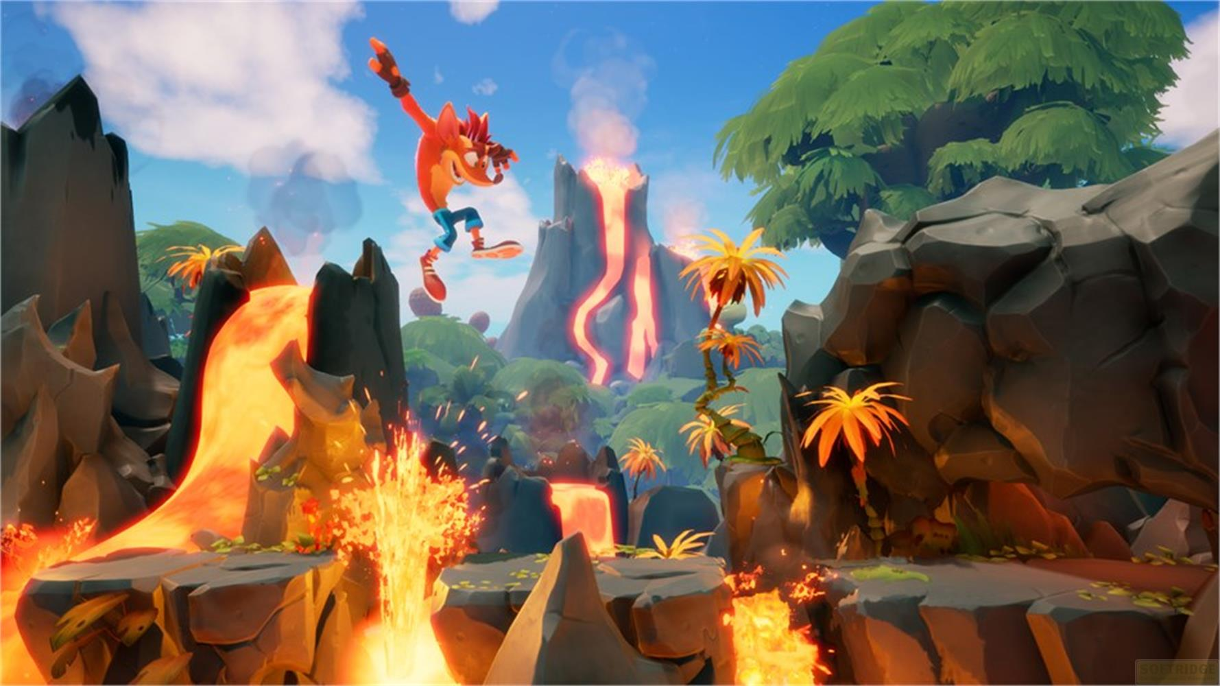 Crash Bandicoot springt über Lava in einer tropischen Vulkanlandschaft.