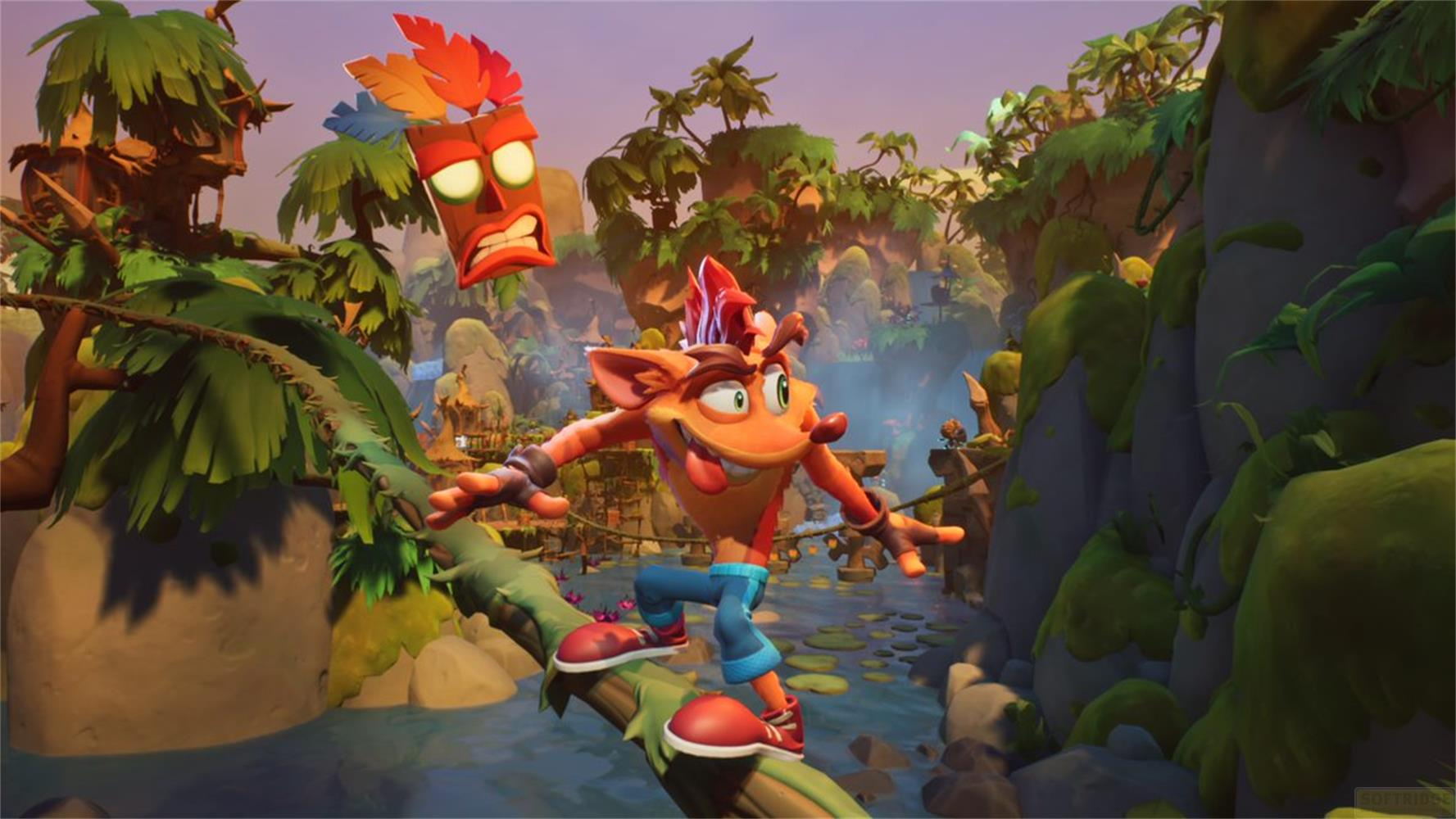 Crash Bandicoot balanciert auf einem Ast über Wasser, mit einer Maske im Hintergrund.