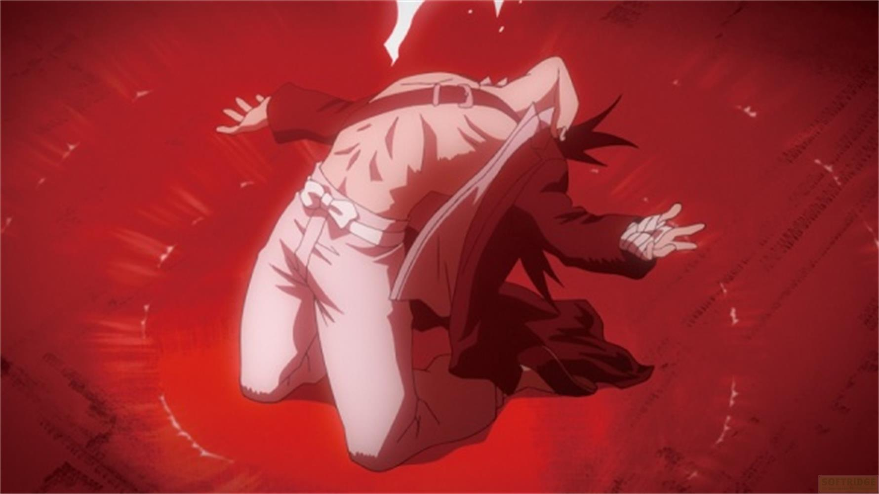 Un homme torse nu, en pantalon et manteau sombre, s'agenouille dans un environnement rouge.
