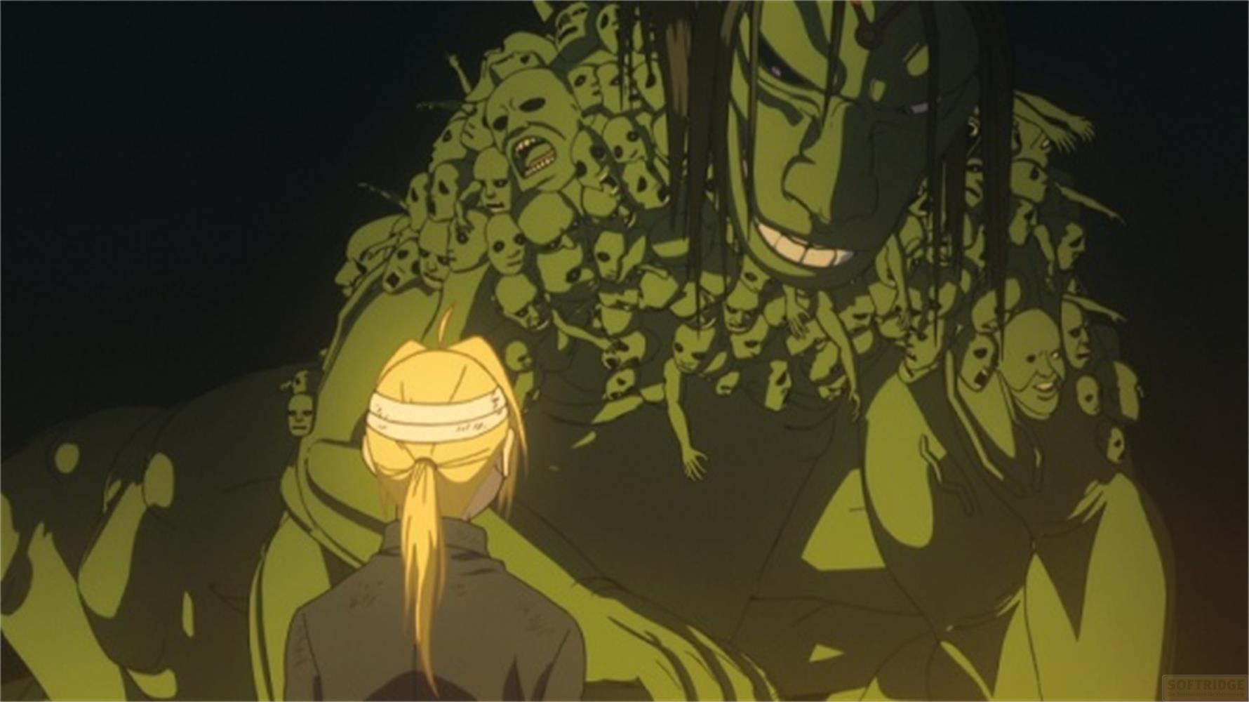 Un monstre vert aux multiples visages fait face à un garçon aux cheveux blonds.