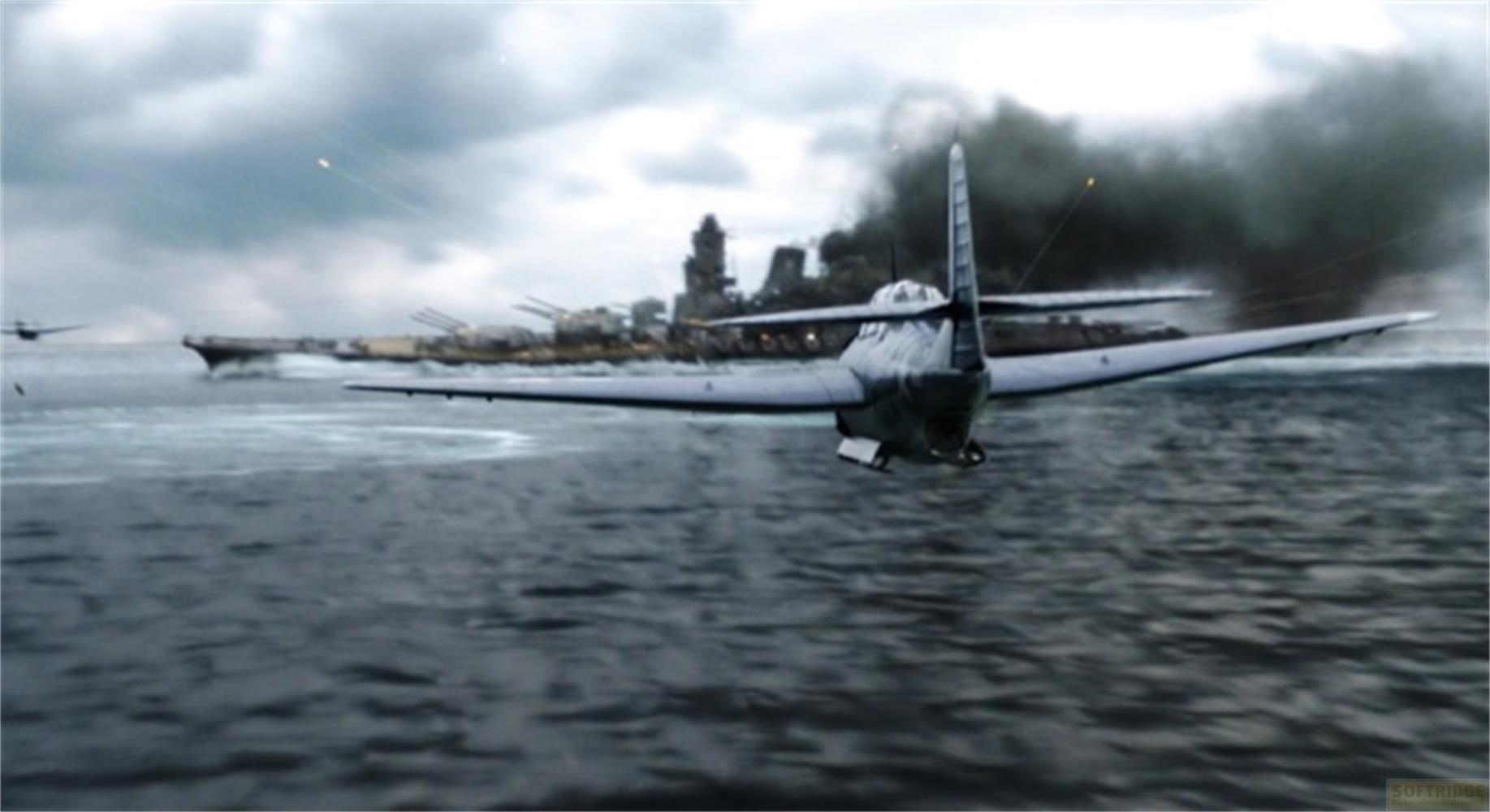 Un aereo vola su una corazzata in mare, con fumo che sale.