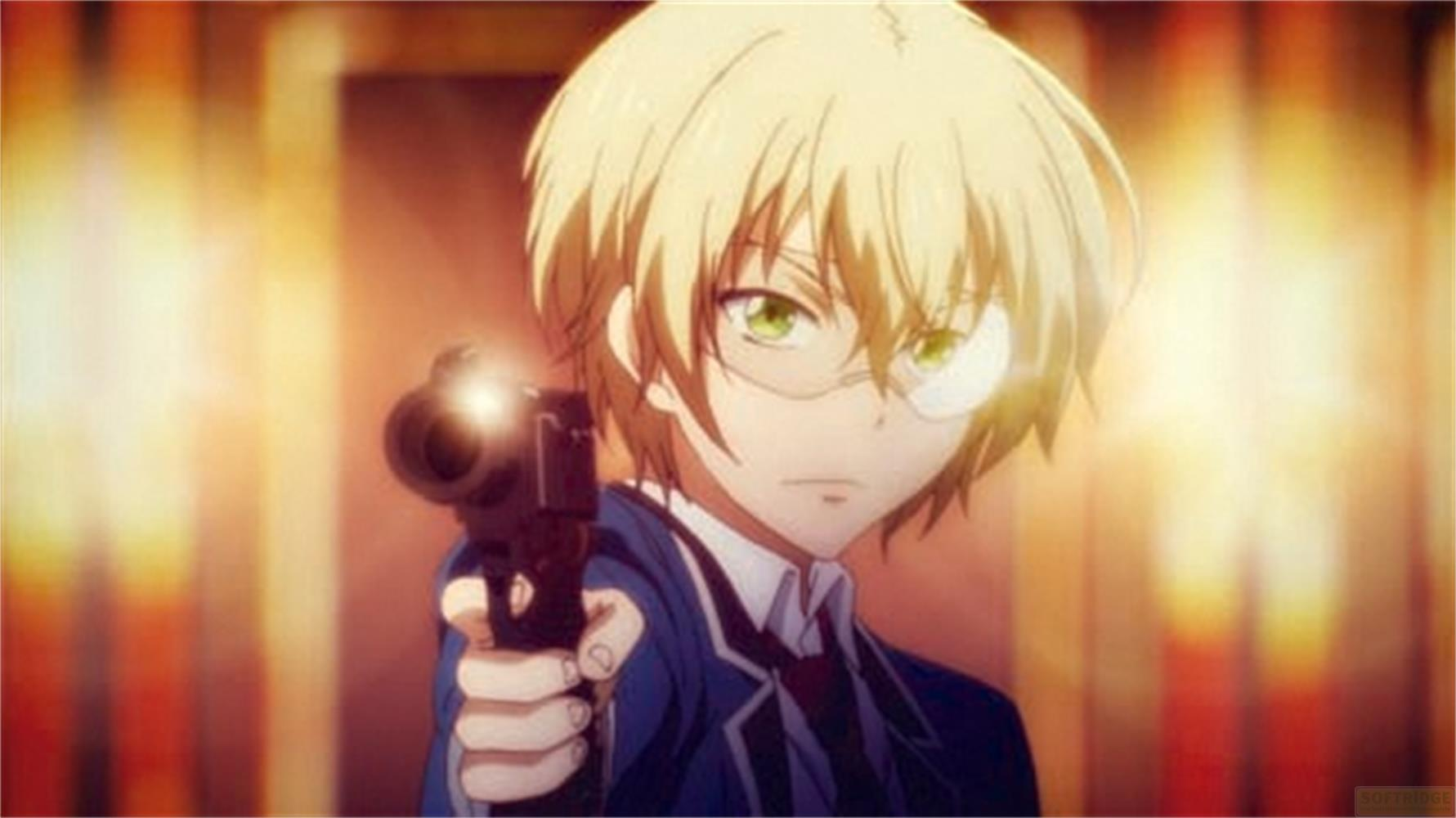 Un personaggio anime con capelli biondi e occhi verdi tiene una pistola.