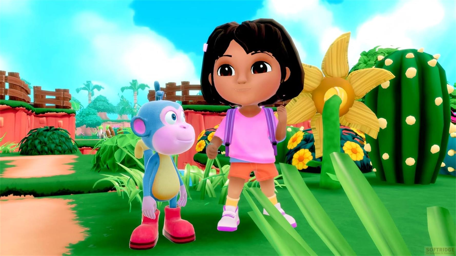 Dora et Boots se tiennent dans une jungle colorée avec une grande fleur jaune et un cactus.