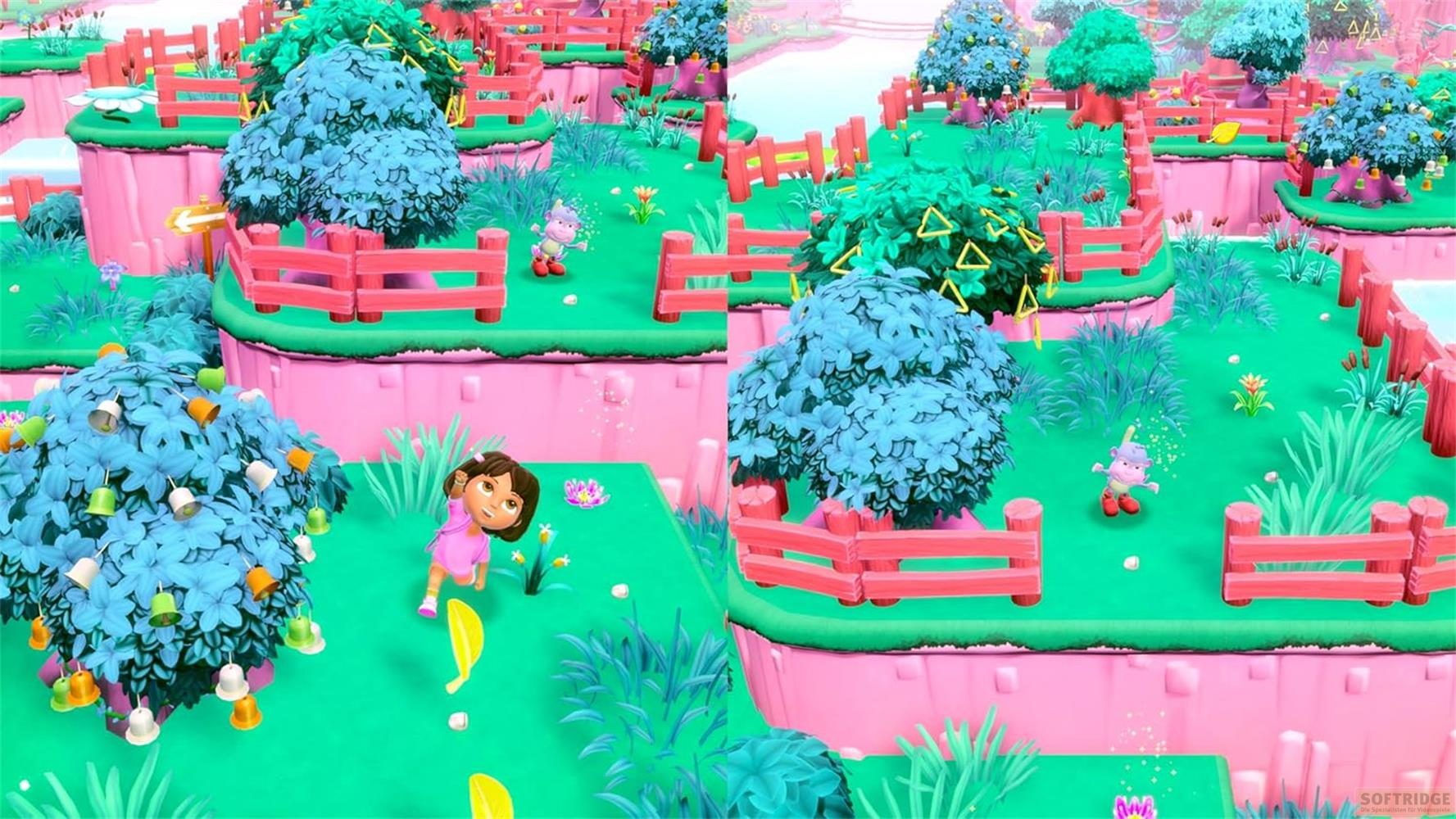 Dora en rose, arbres bleus à clochettes, clôtures roses, herbe verte, falaises roses.