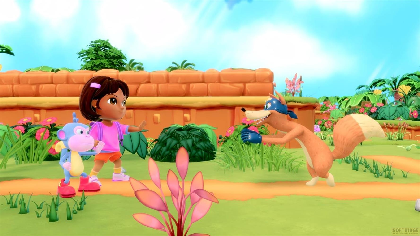 Dora et Boots affrontent Swiper dans un décor de jungle avec des murs en briques oranges.