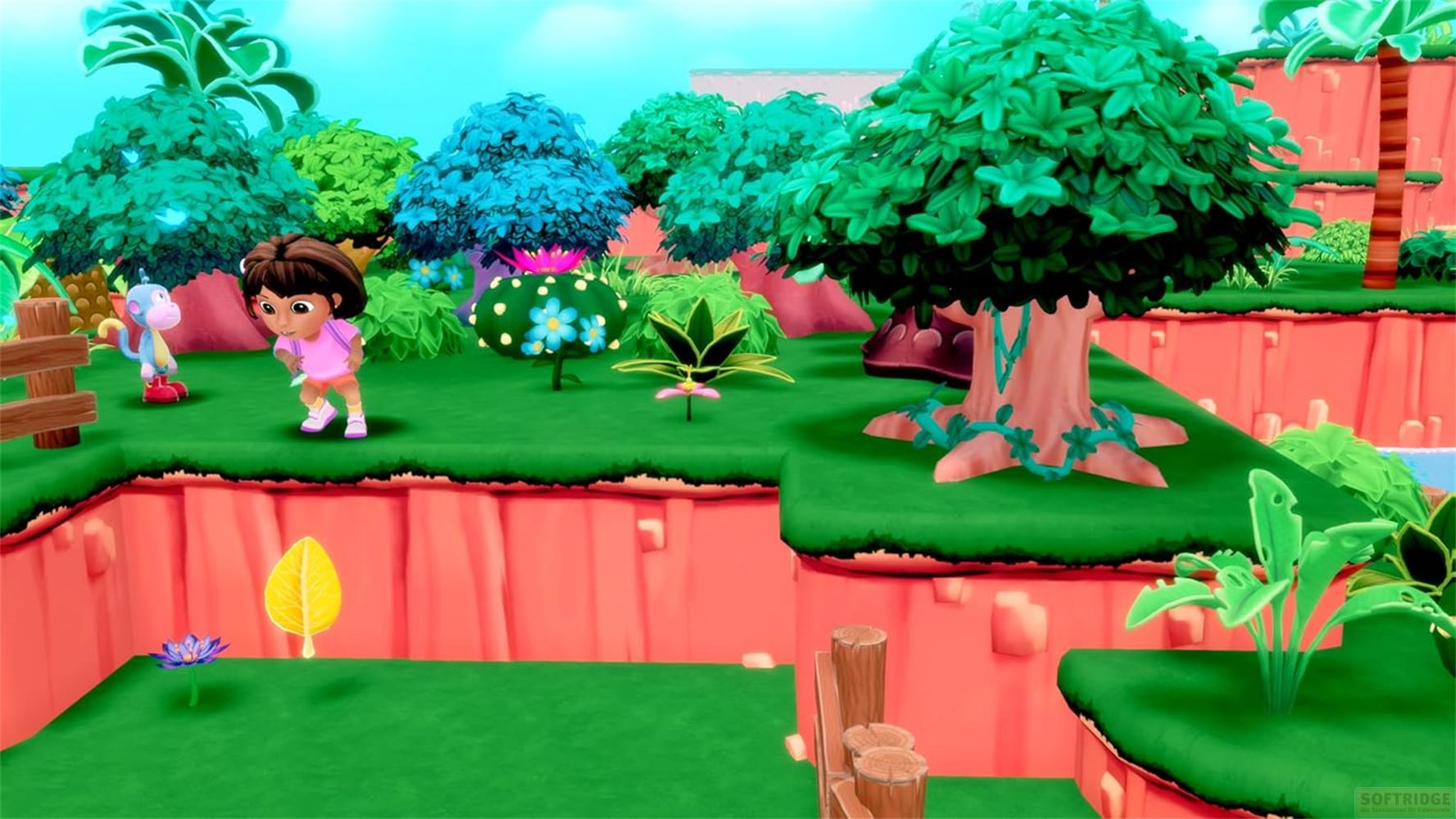 Dora et Boots dans une jungle colorée de dessin animé avec des falaises roses et une flore verte.