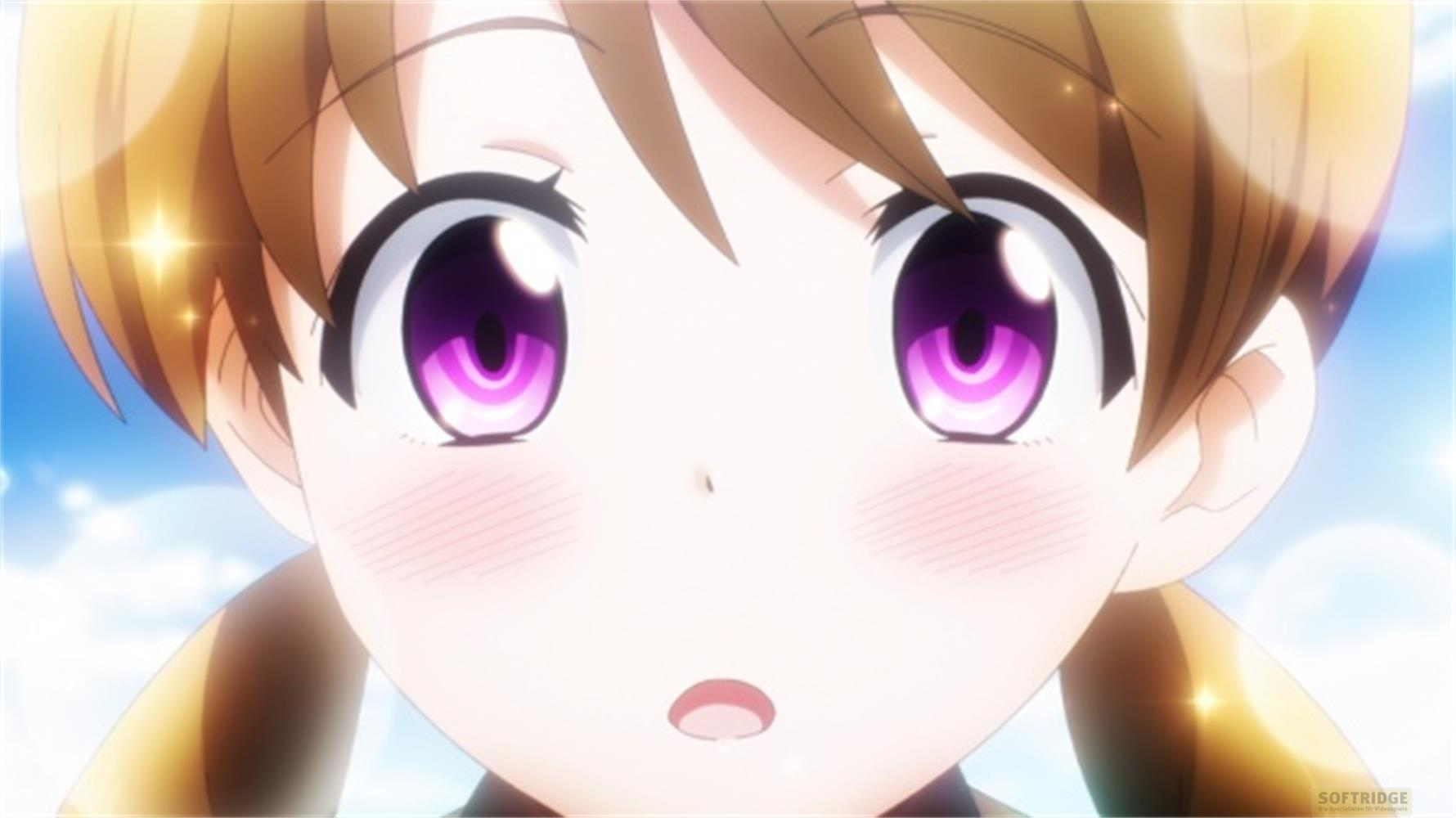 Ragazza anime con grandi occhi viola e codini castani, su cielo azzurro.
