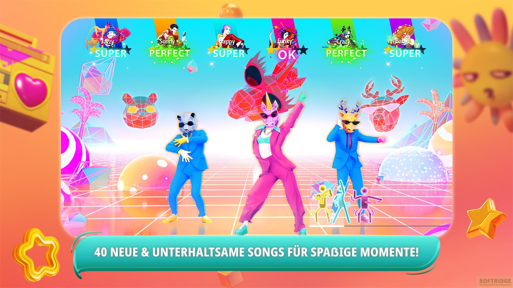 Tanzende Figuren mit Tiermasken und bunte geometrische Formen vor einem hellblauen Himmel.