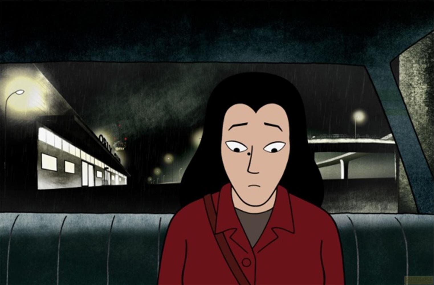 Eine Frau mit dunklem Haar in einem roten Mantel sitzt im Auto bei Regen.