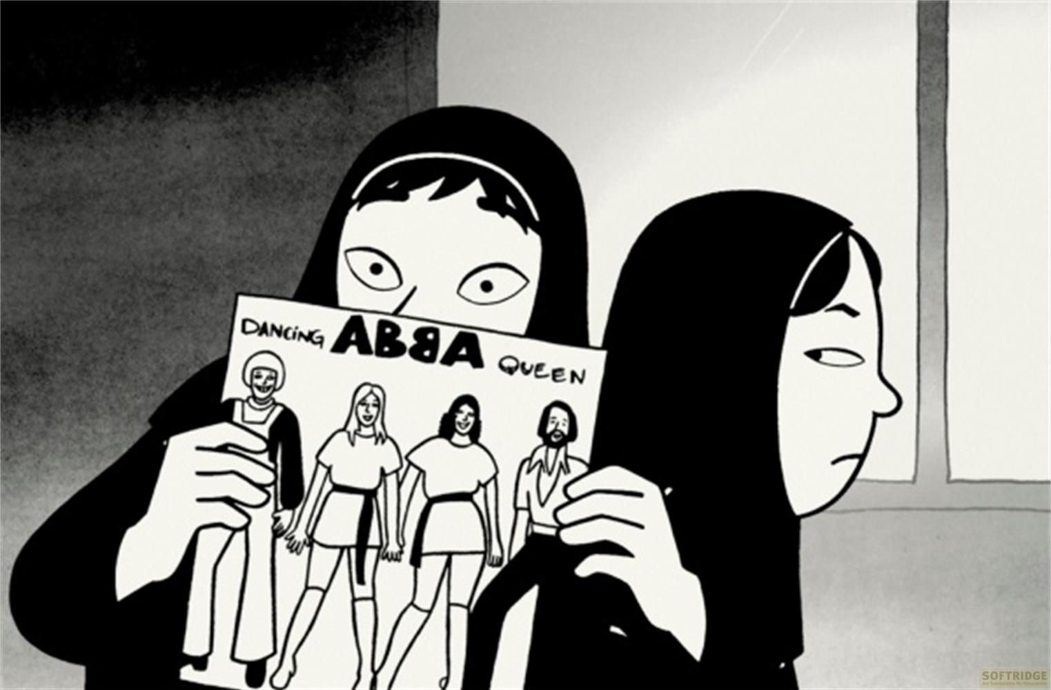 Zwei Frauen in Hijabs halten eine ABBA-Platte. Schwarz-Weiß-Zeichnung.