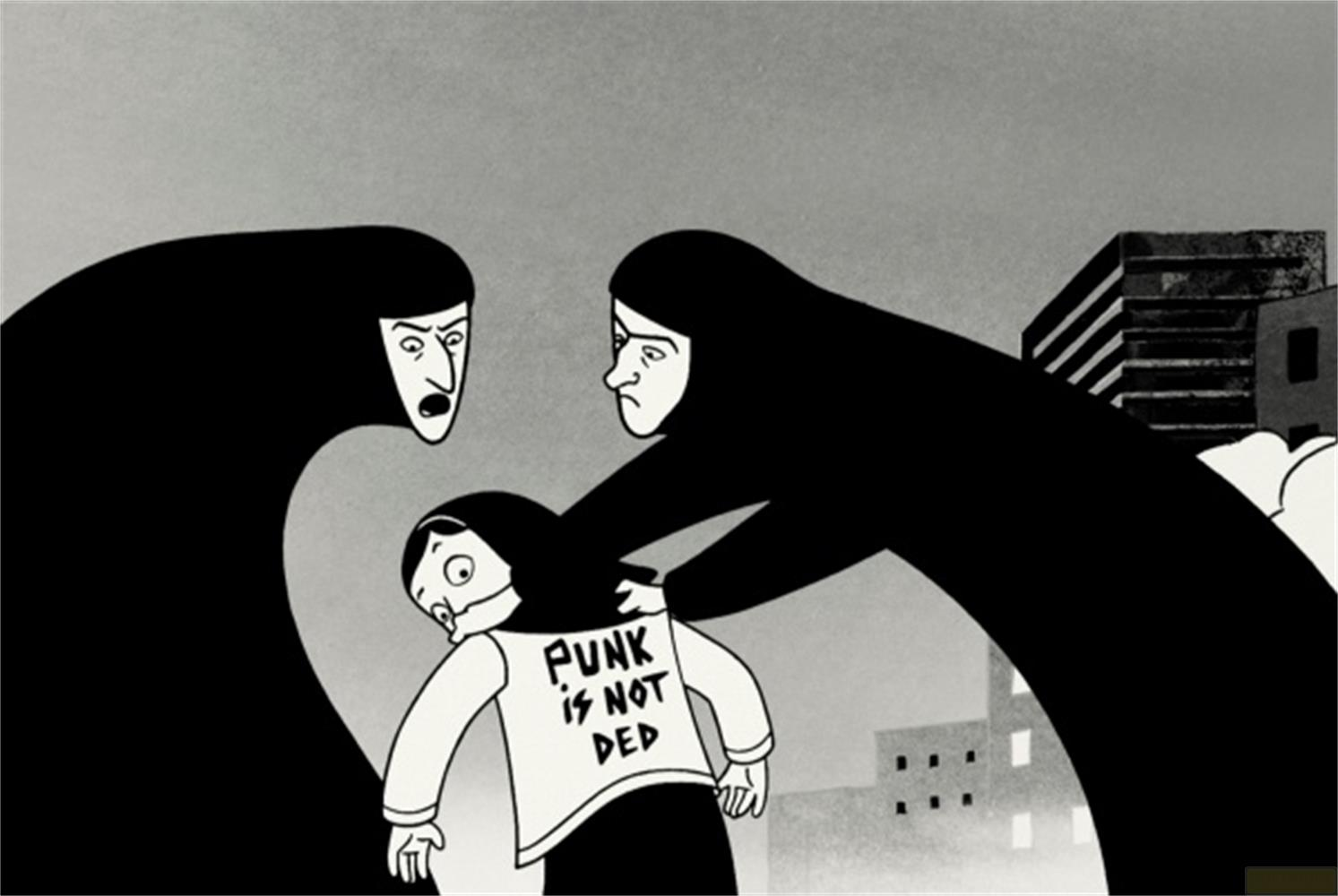 Zwei Frauen in Schwarz zwingen ein Kind, das ein "Punk is not ded" T-Shirt trägt.