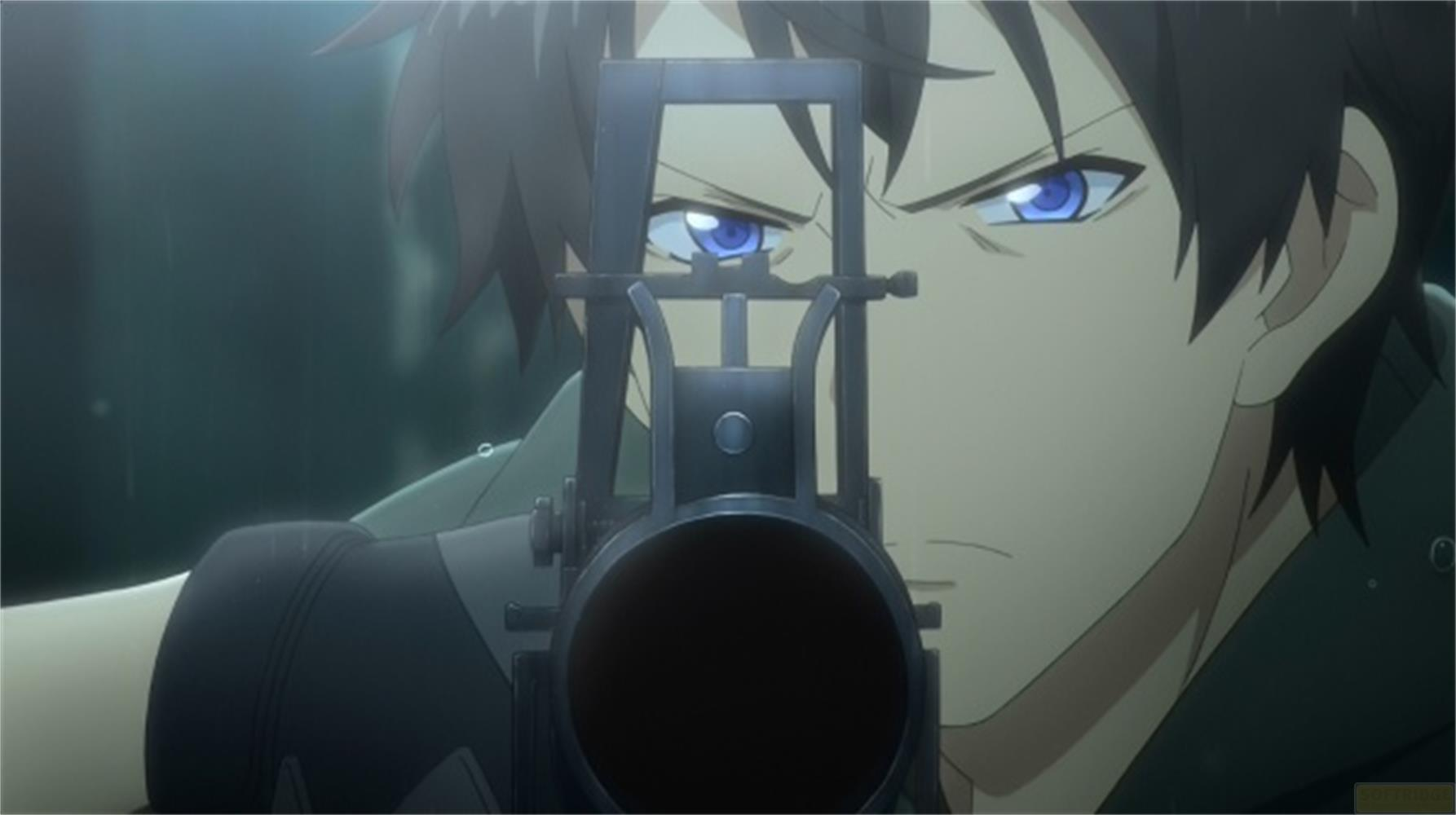 Un personaggio anime con occhi blu punta un fucile.