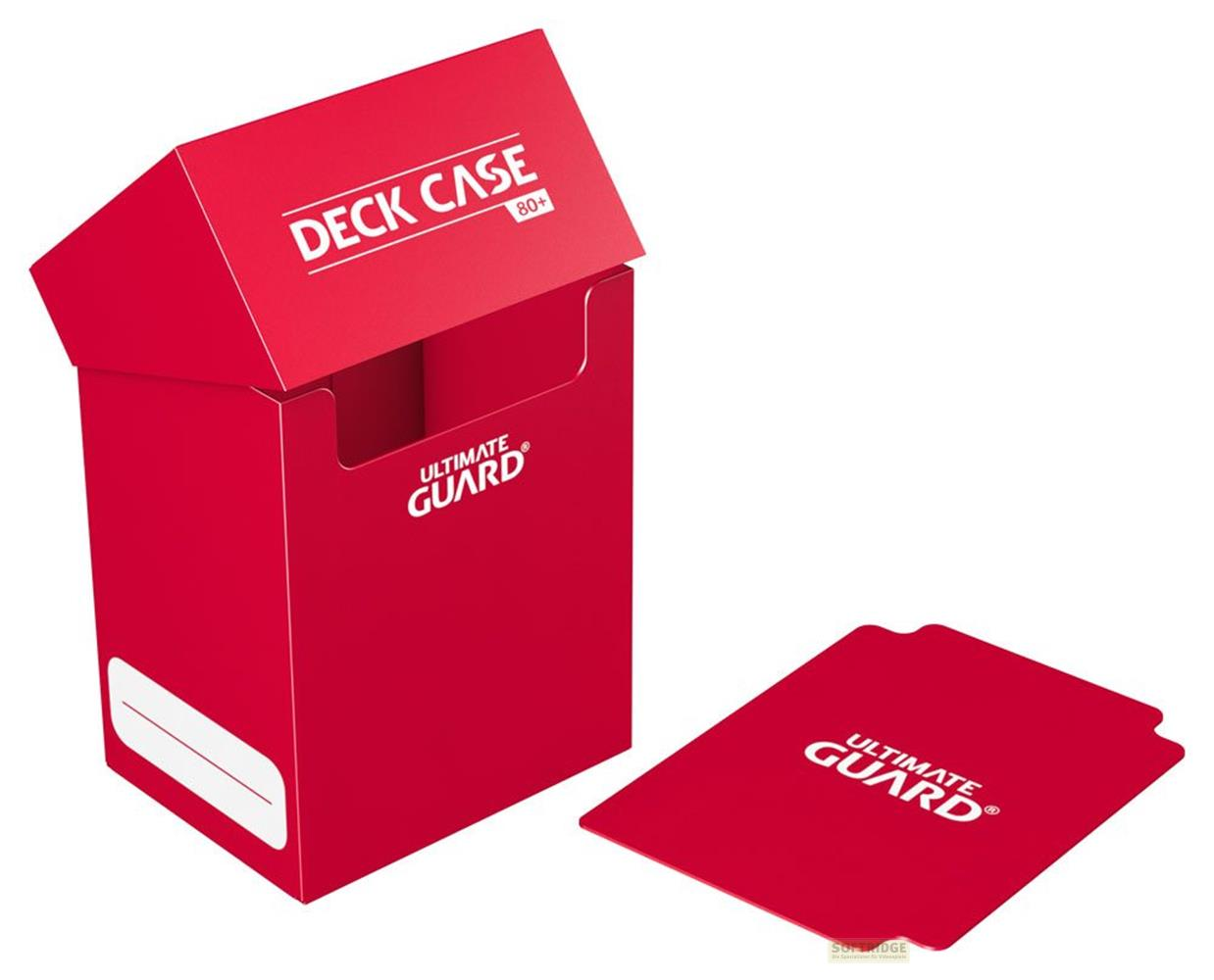 Astuccio rosso per mazzi con coperchio aperto e due custodie rosse accanto.