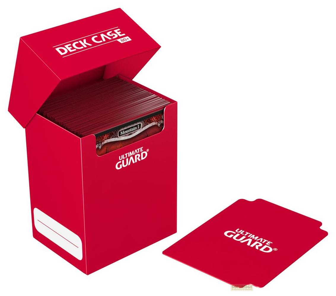 Un porta mazzo rosso con coperchio aperto, carte all'interno. Coperchio rosso per carte accanto.