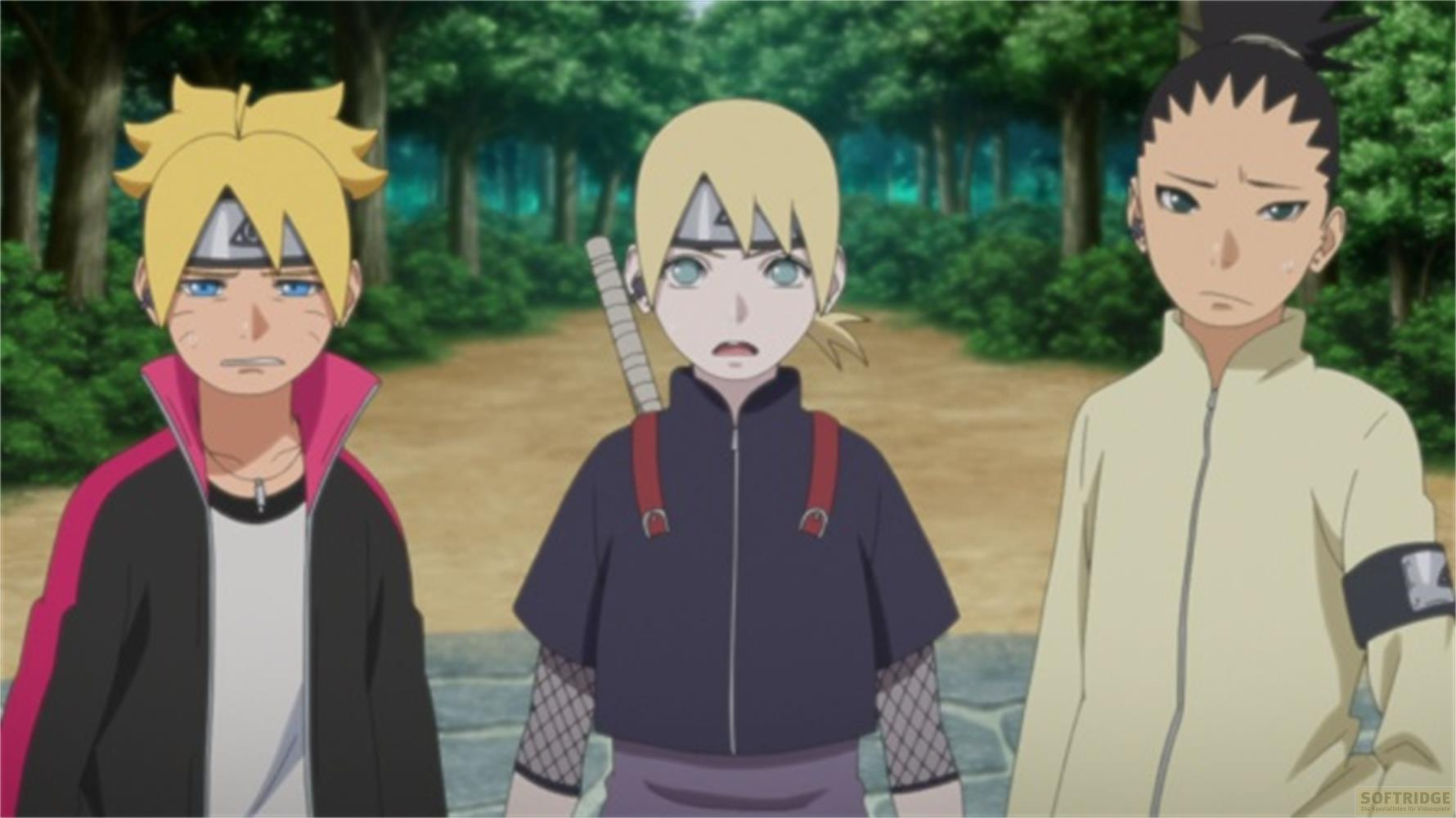 Tre personaggi anime in piedi in una foresta. Da sinistra a destra: Boruto, Inojin, Shikadai.