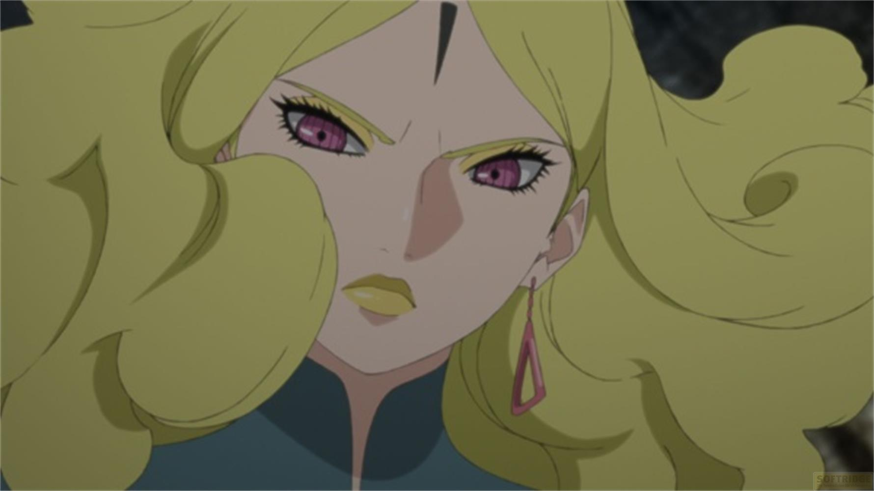 Personaggio anime con lunghi capelli biondo chiaro, occhi viola e labbra gialle.
