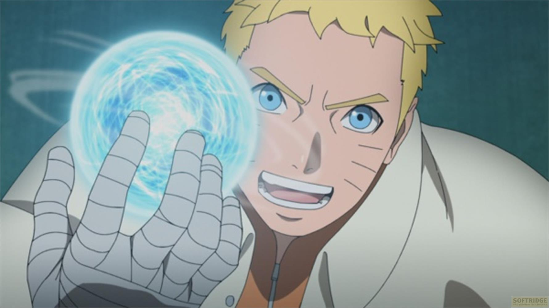 Naruto tiene una sfera di energia blu nelle mani fasciate, con sguardo concentrato.