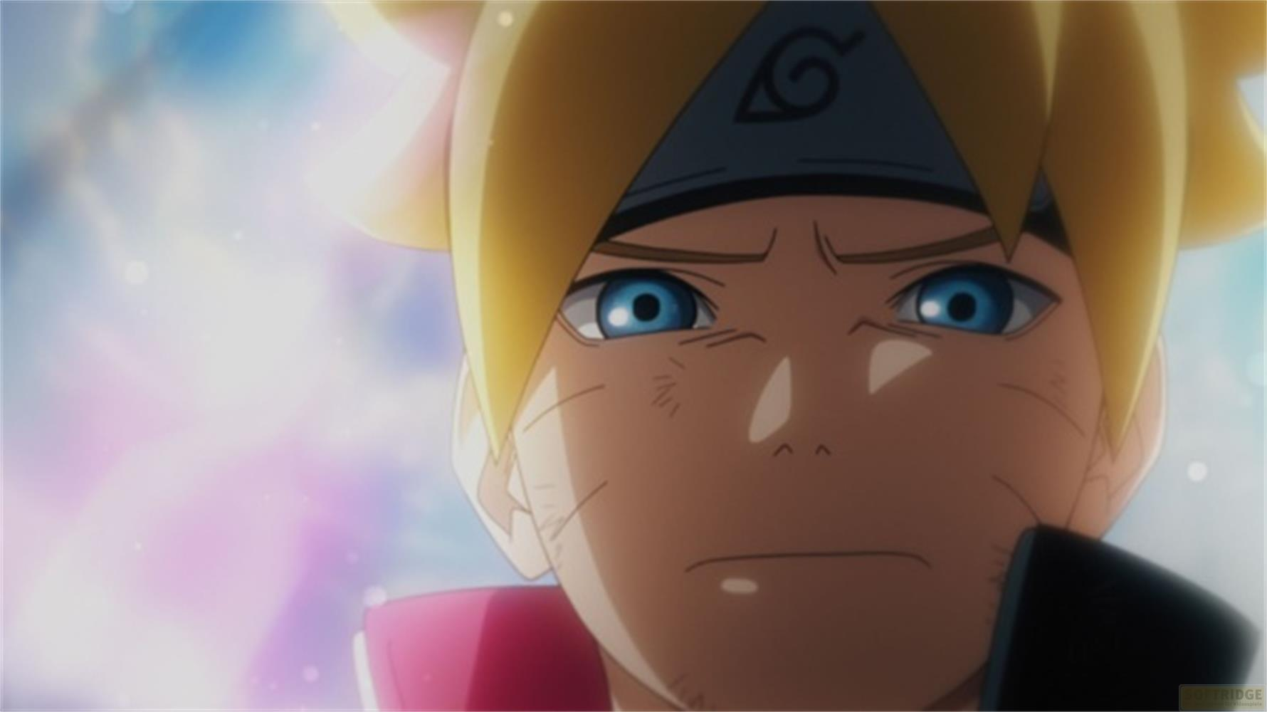 Primo piano di Boruto Uzumaki con occhi blu, capelli gialli e fascia.