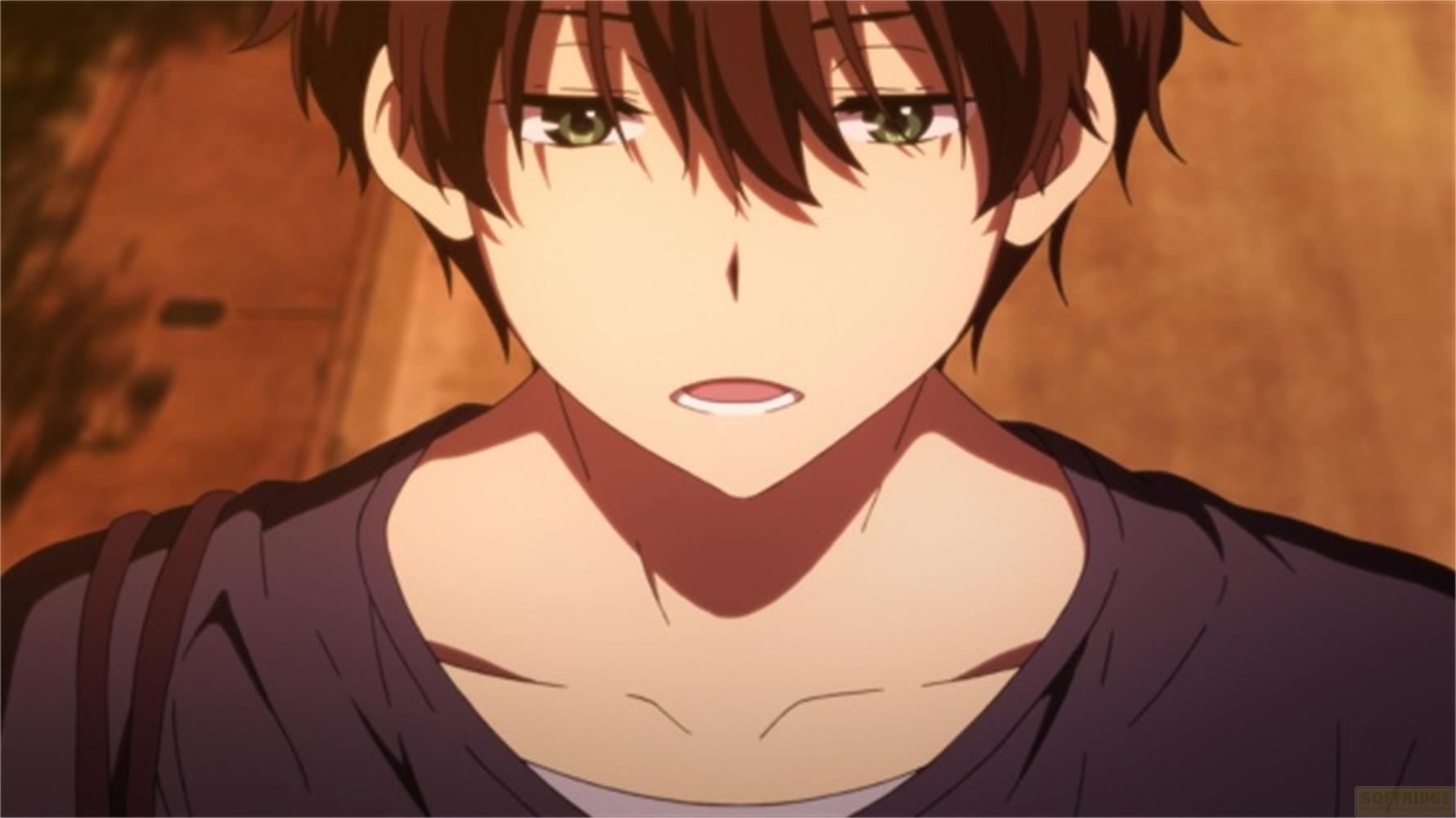 Un ragazzo anime con capelli castani e occhi verdi guarda avanti.