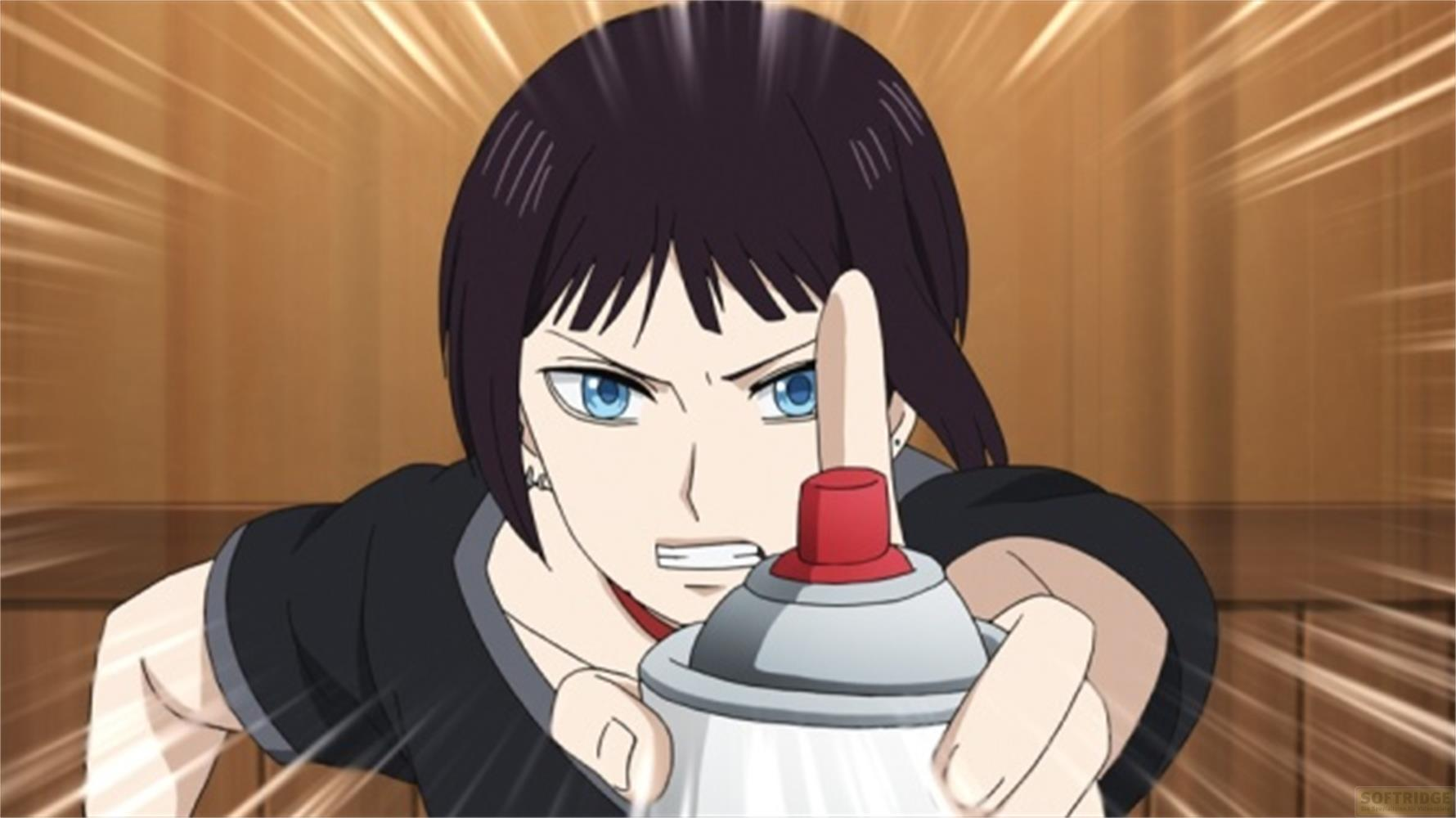 Ragazza anime con capelli scuri e occhi blu tiene una bomboletta spray.