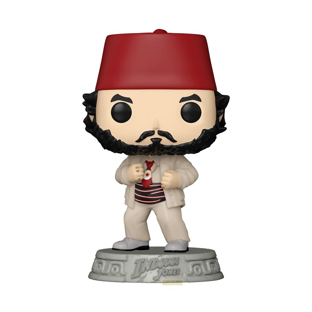 Indiana Jones Funko Pop mit rotem Fes, Bart und weißem Anzug auf einer Basis.
