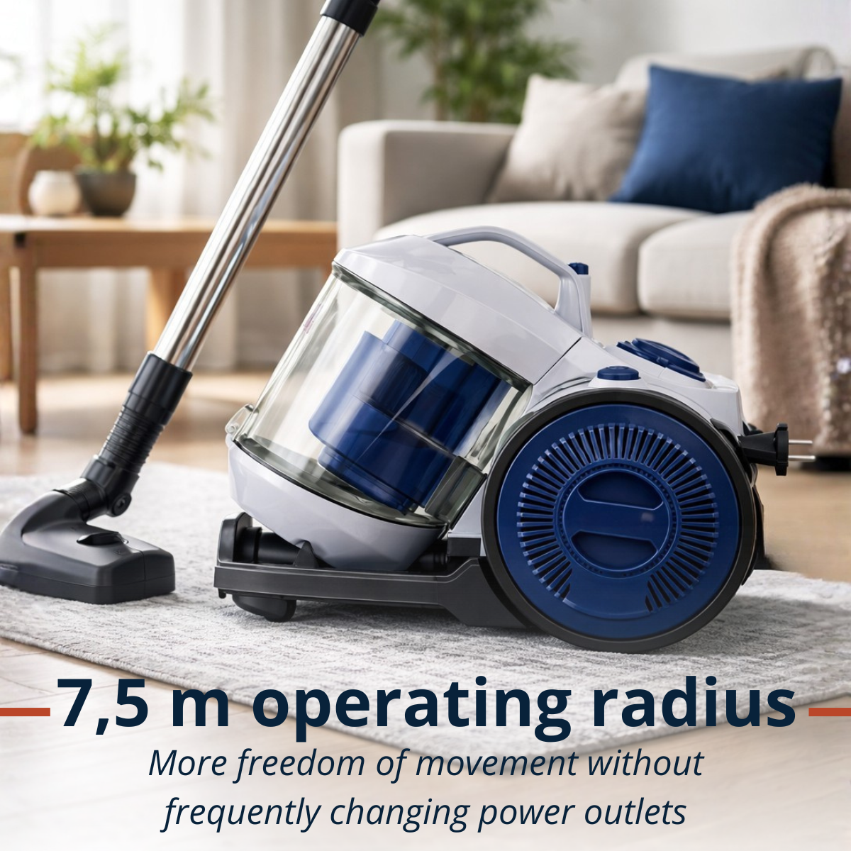 White vacuum cleaner with blue accents on a rug.