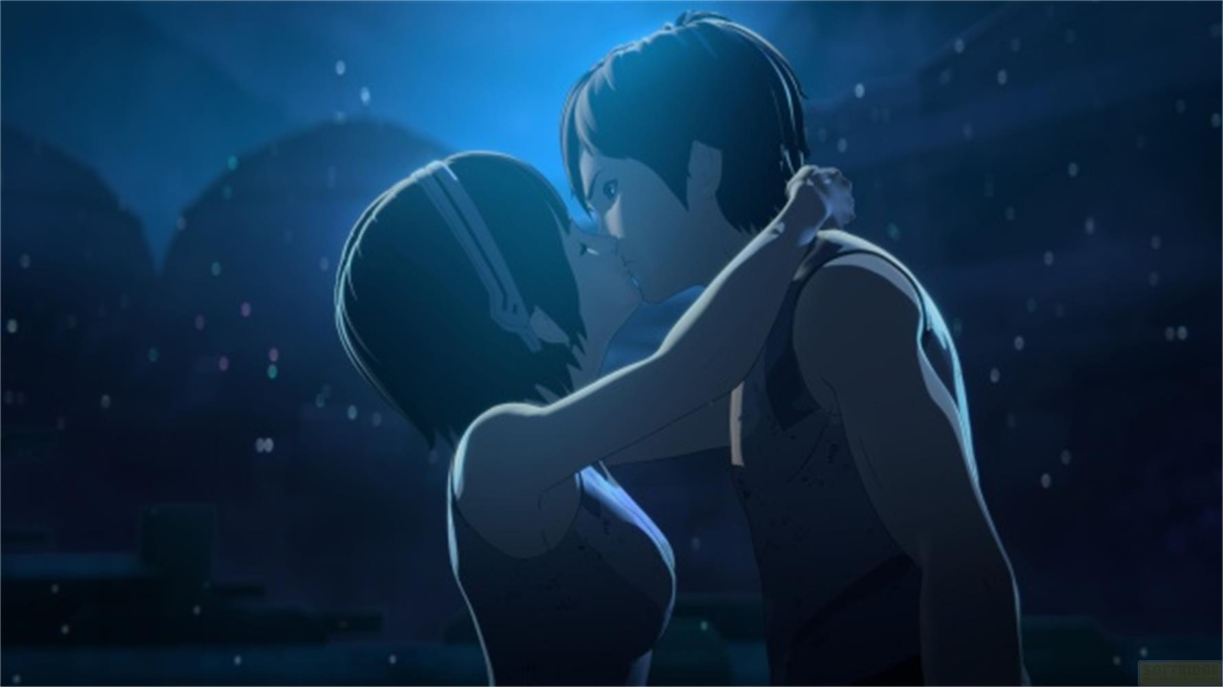Due personaggi animati si baciano alla luce blu, con luci sullo sfondo.