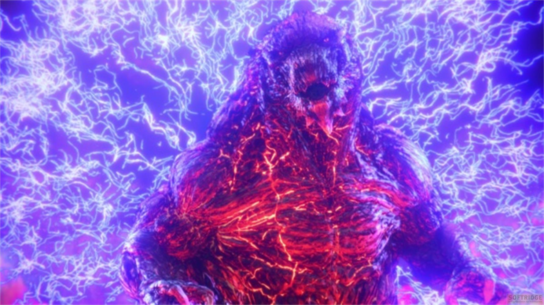 Un mostro luminoso, rosso e nero, si erge davanti a un campo di energia viola.