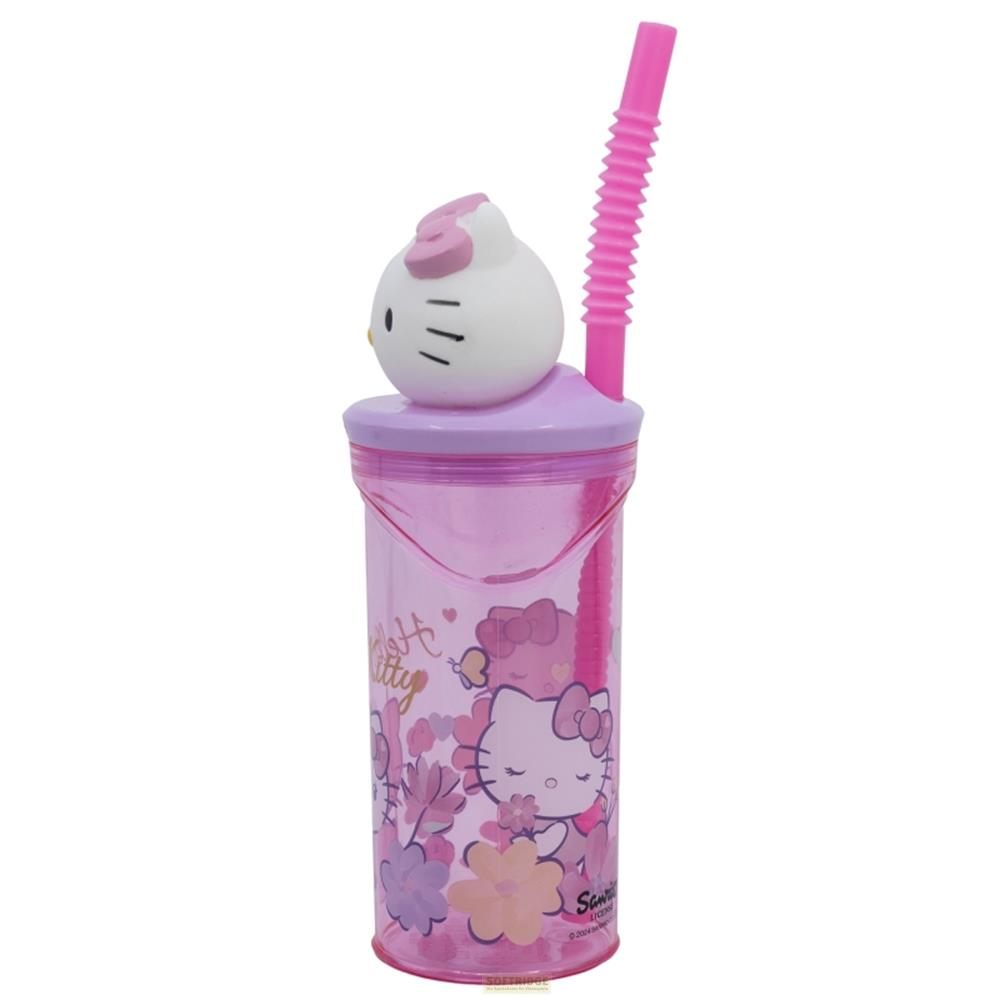 Una taza rosa de Hello Kitty con pajita y estampado floral.