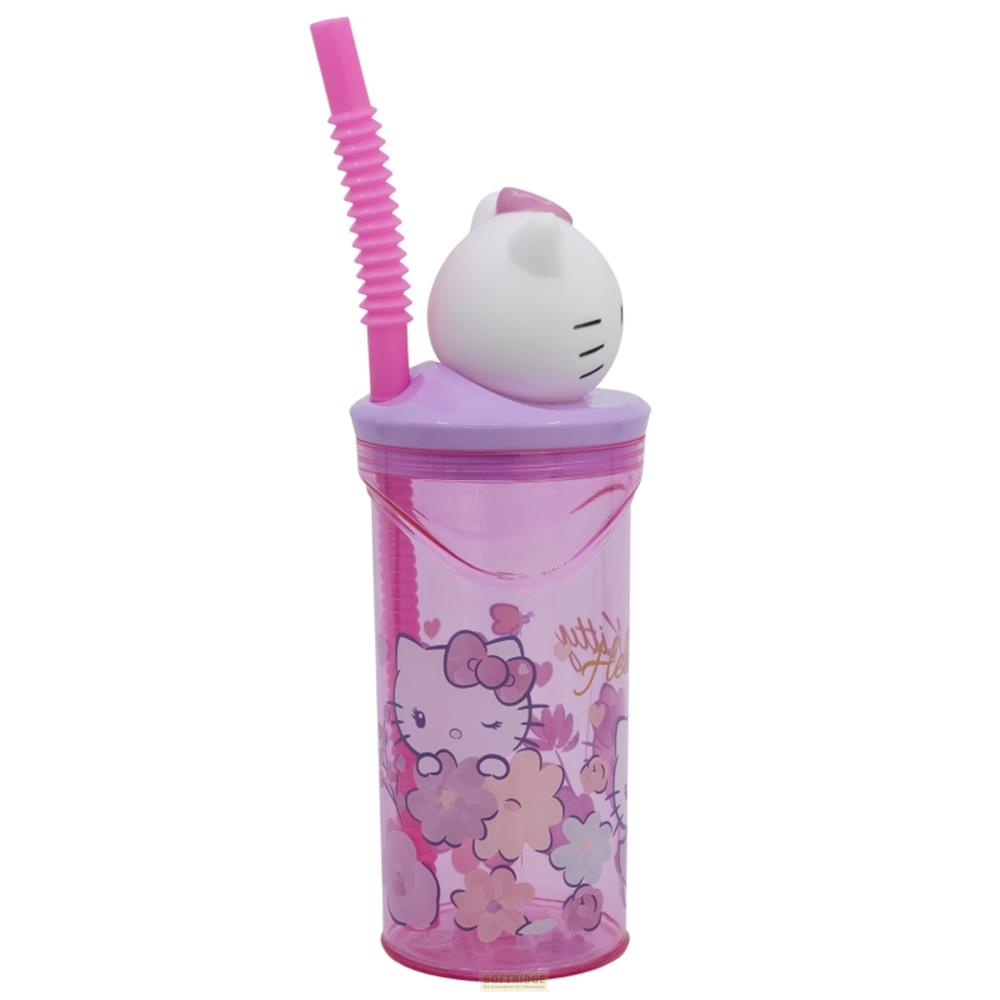 Un vaso rosa de Hello Kitty con pajita y diseño de flores.