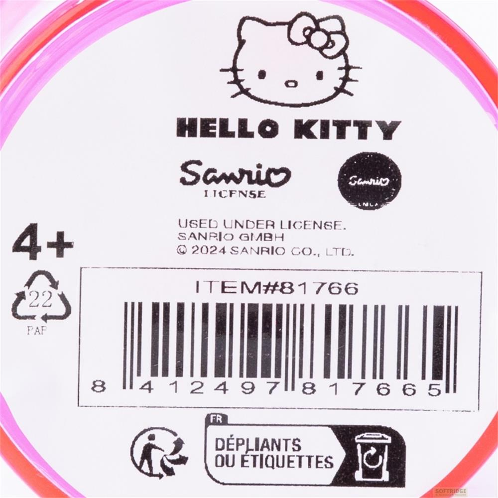 Logotipo de Hello Kitty, Sanrio, edad 4+, código de barras y símbolos de reciclaje.