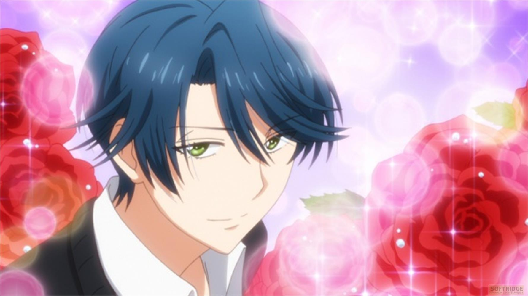 Un ragazzo anime con capelli blu e occhi verdi, circondato da rose rosse.