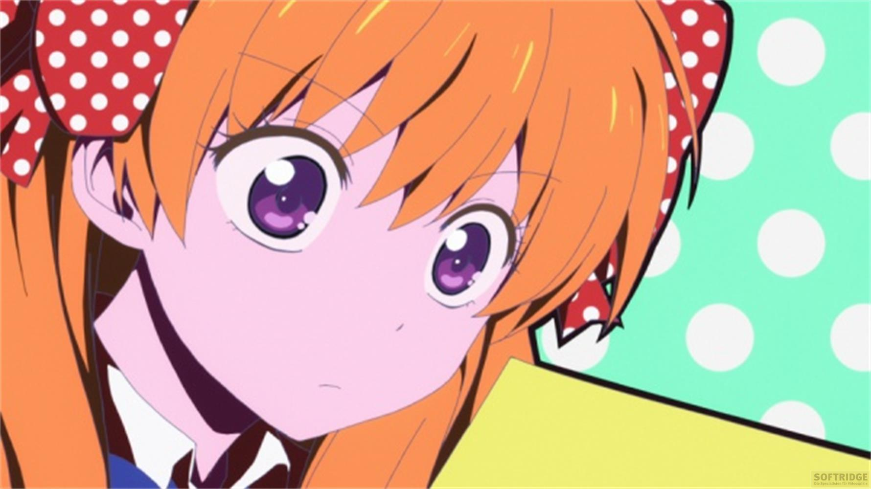 Ragazza anime con capelli arancioni e occhi viola indossa fiocchi rossi a pois bianchi.